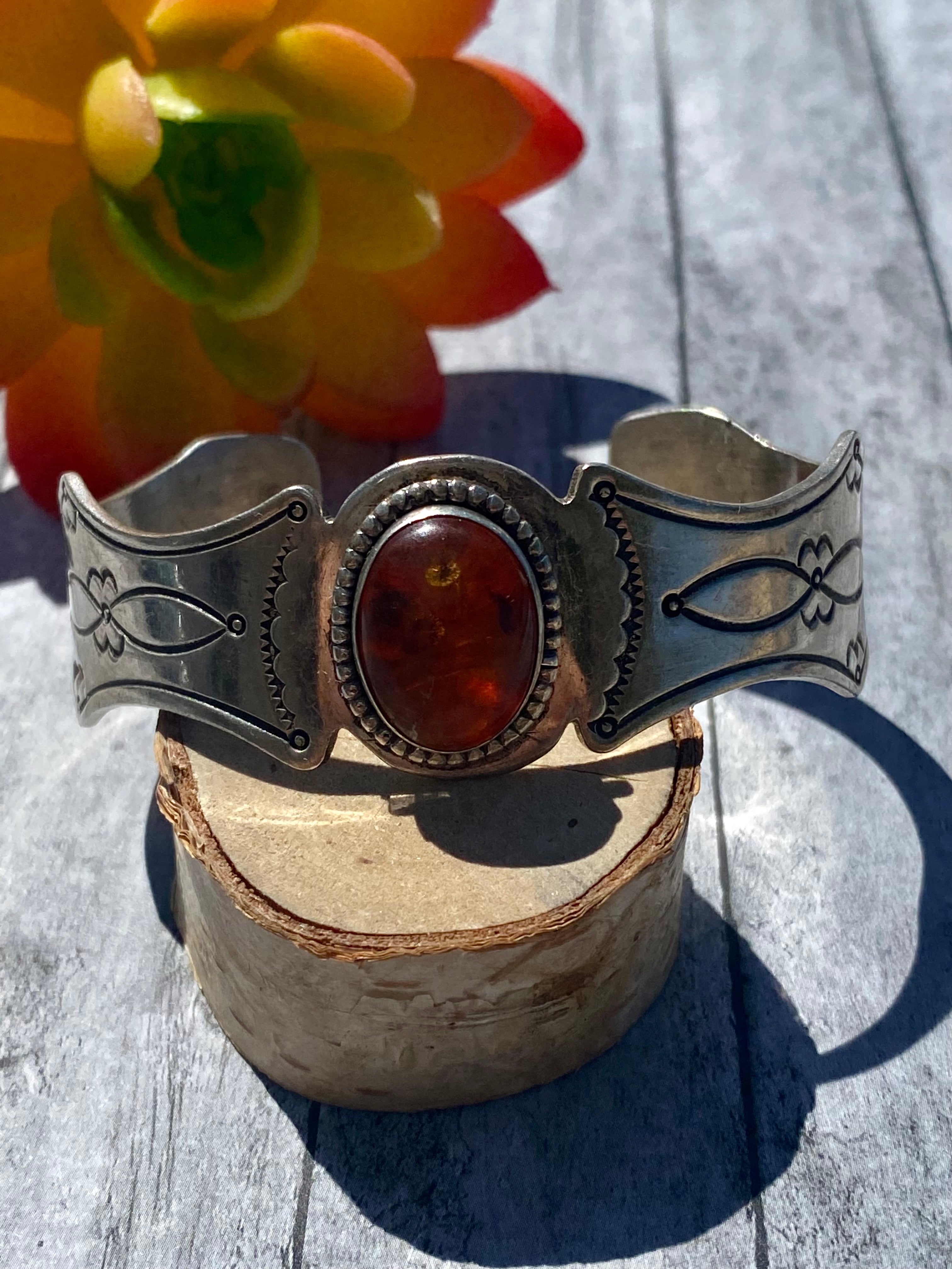 Pawn Navajo Made Amber & Sterling Silver Cuff Bracelet