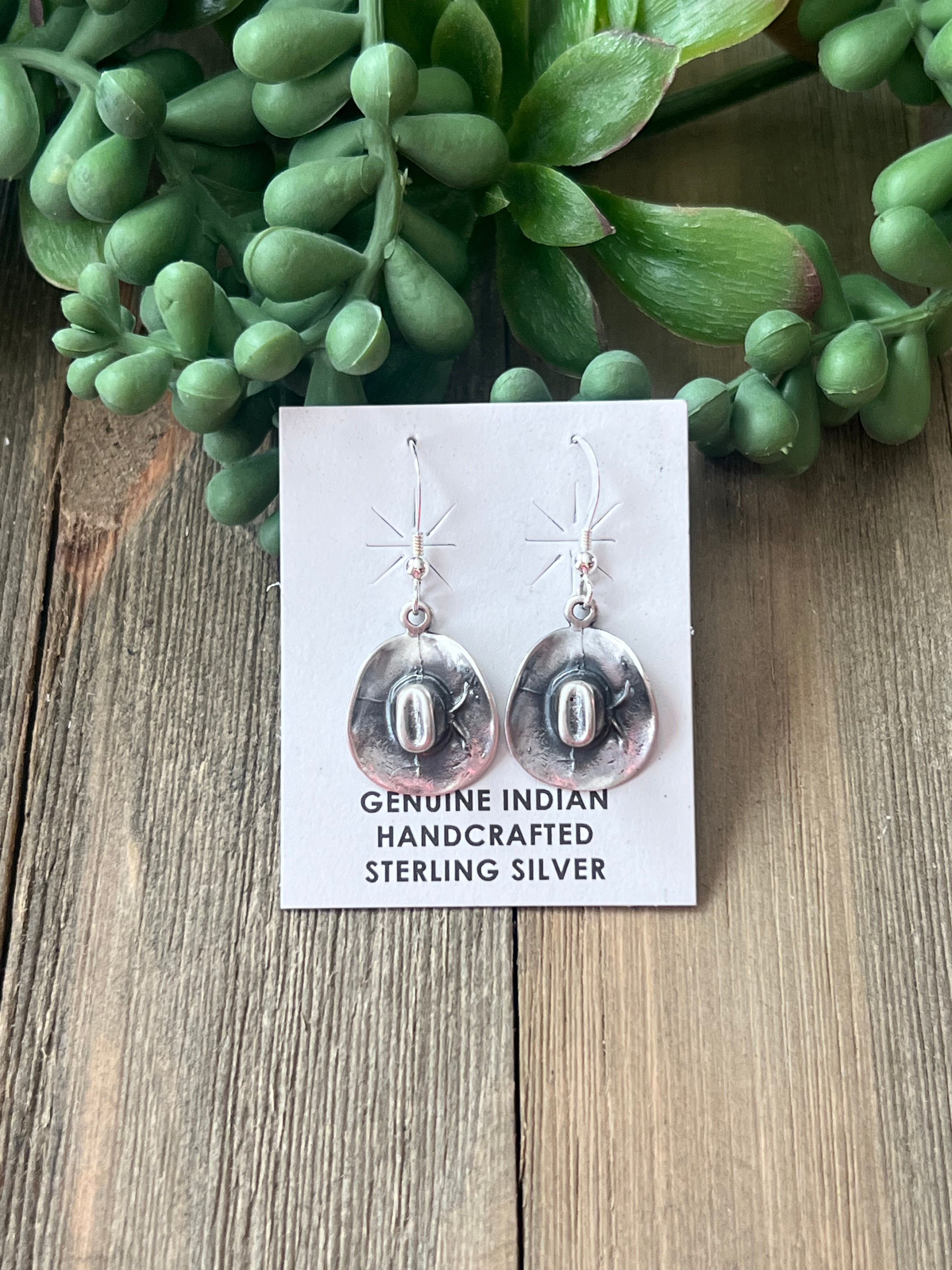 Navajo Made Sterling Silver Cowboy Hat Dangle Earrings