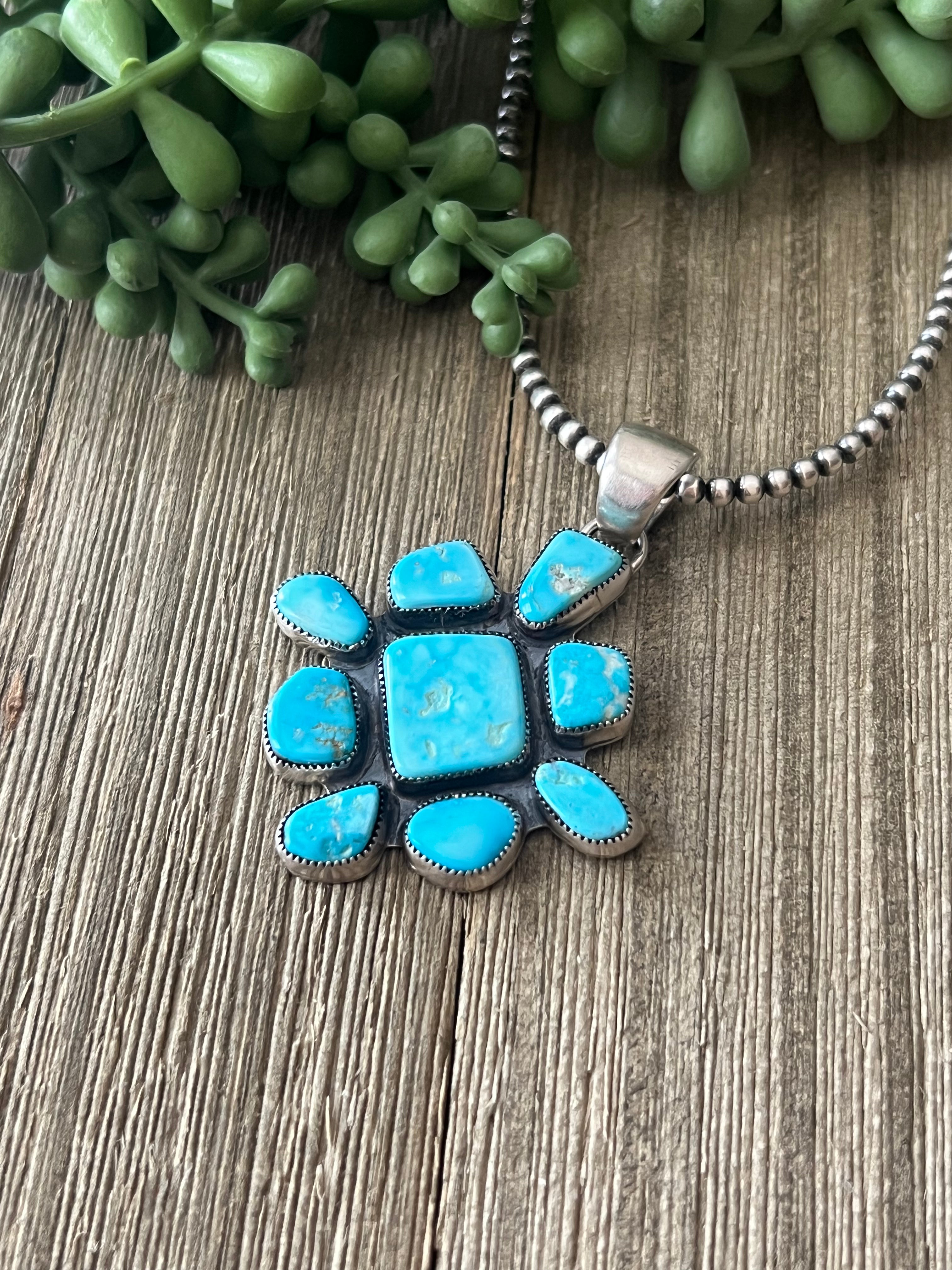 Navajo Made Kingman Turquoise & Sterling Silver Cluster Pendant