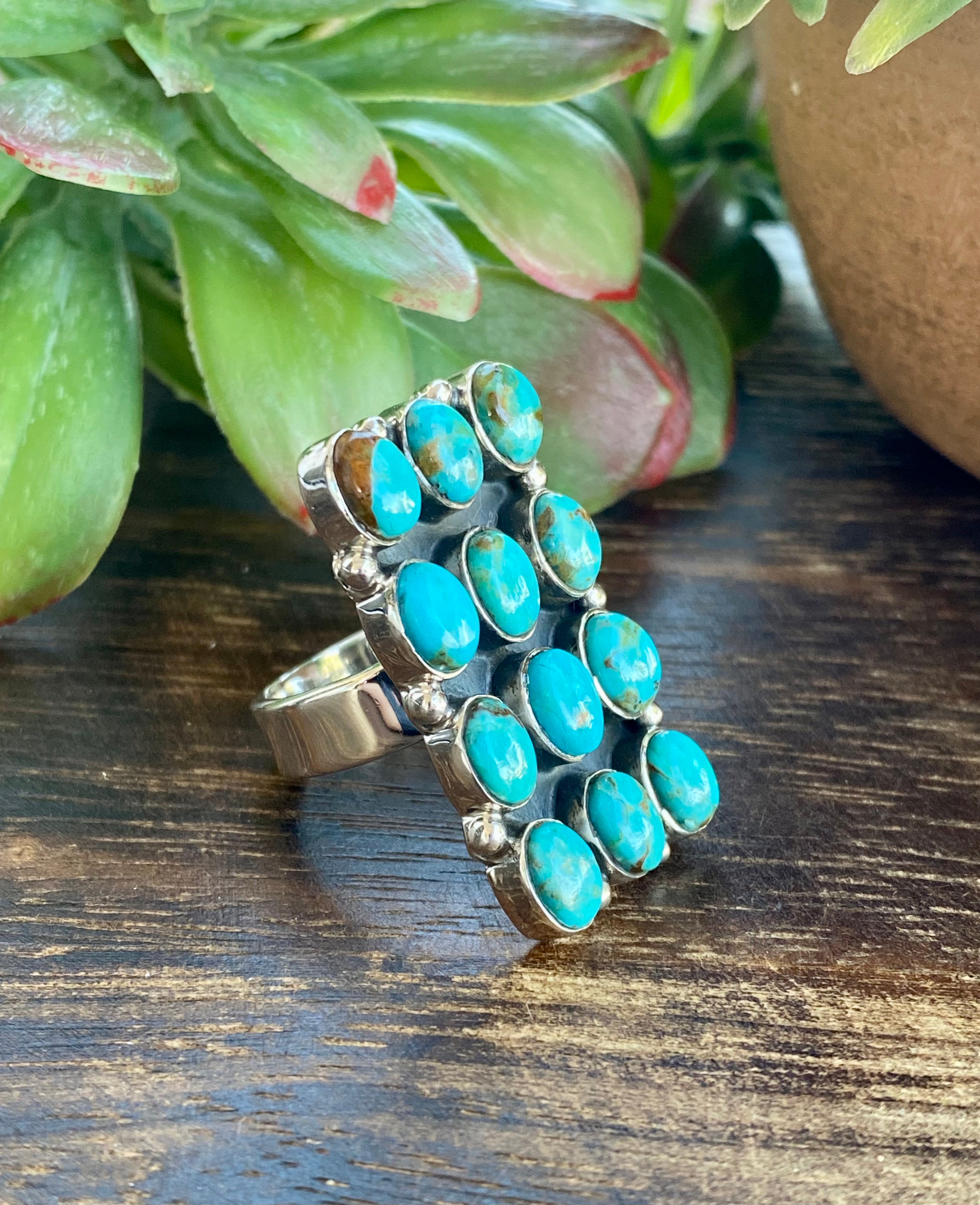 Southwest Handmade Kingman Turquoise & Sterling Silver Adjustable Cluster Rings