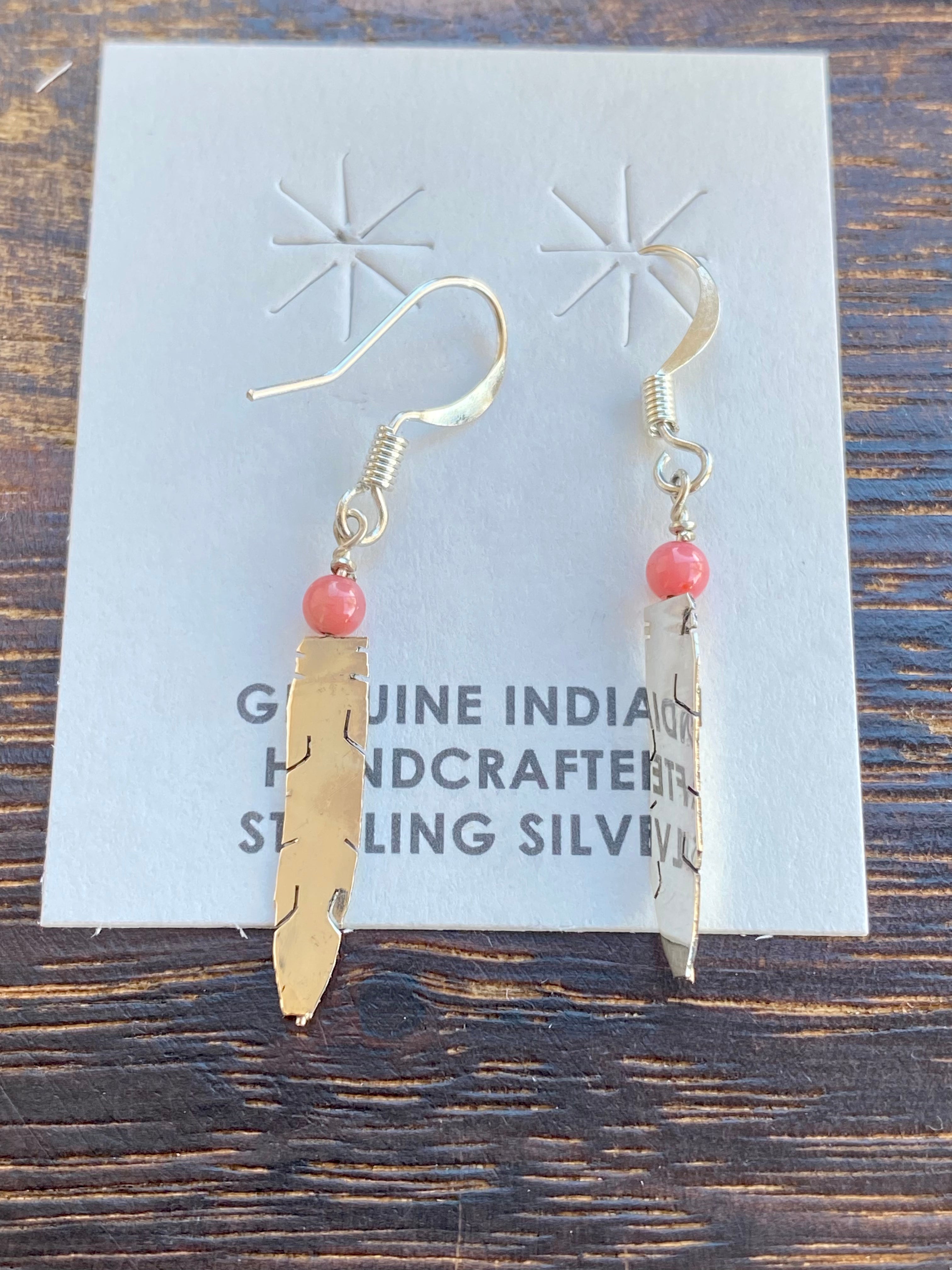 Navajo Made Pink Coral & Sterling Silver Feather Dangle Earrings