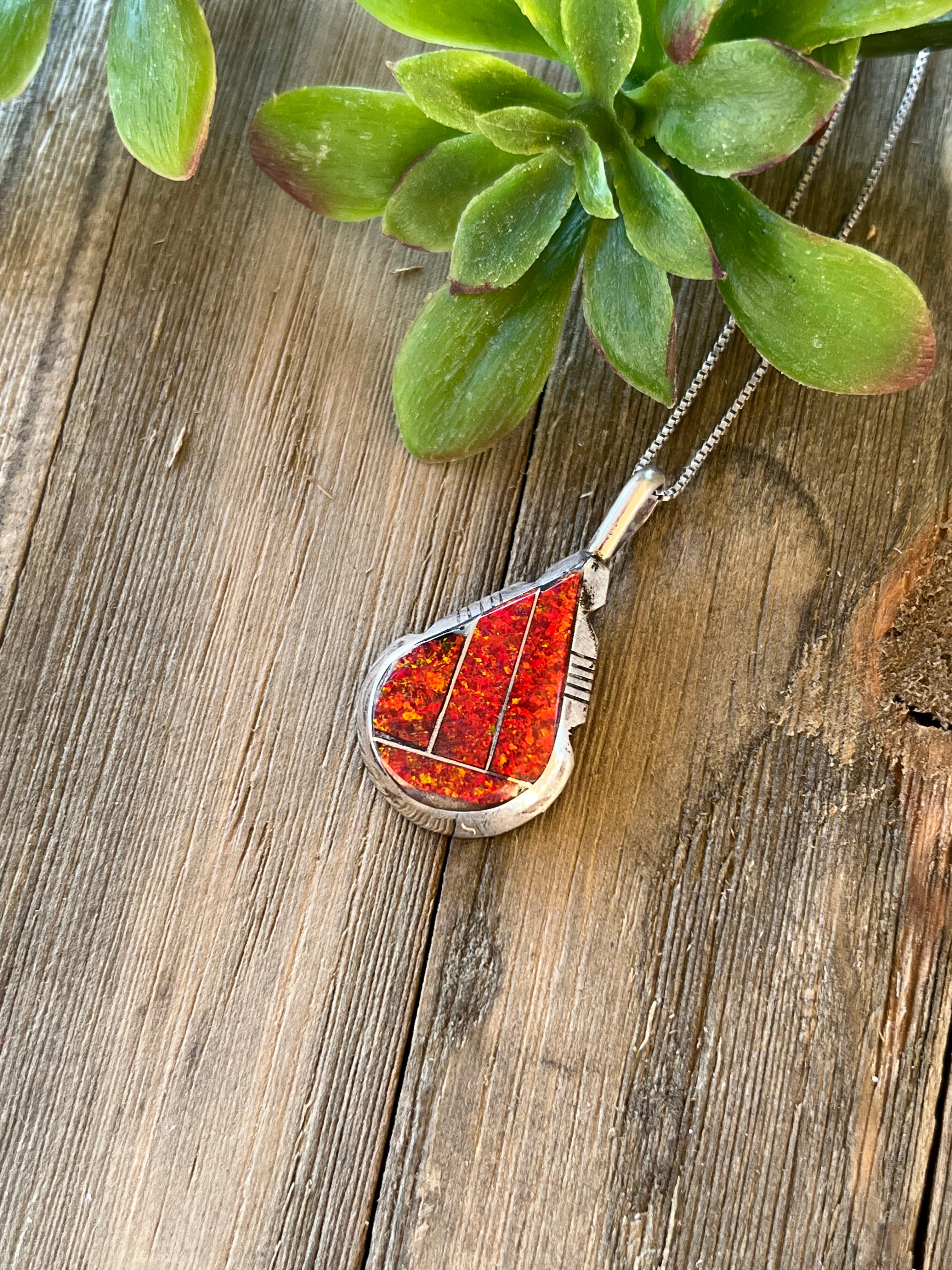 Brandon Etcitty Red Opal (Man Made) & Sterling Silver Inlay Pendant
