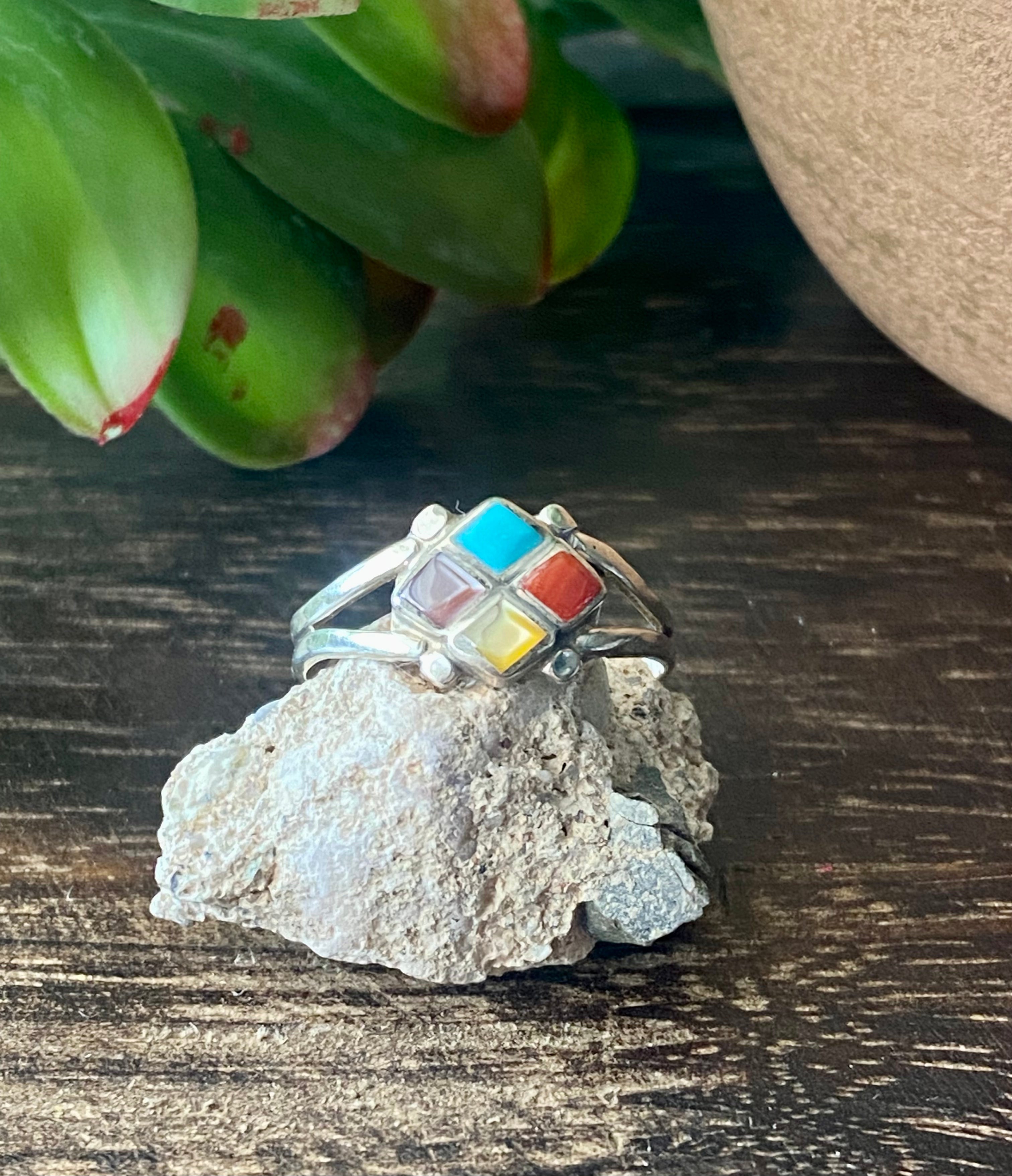 Navajo Made Multi Stone & Sterling Silver Inlay Ring Size 8.5