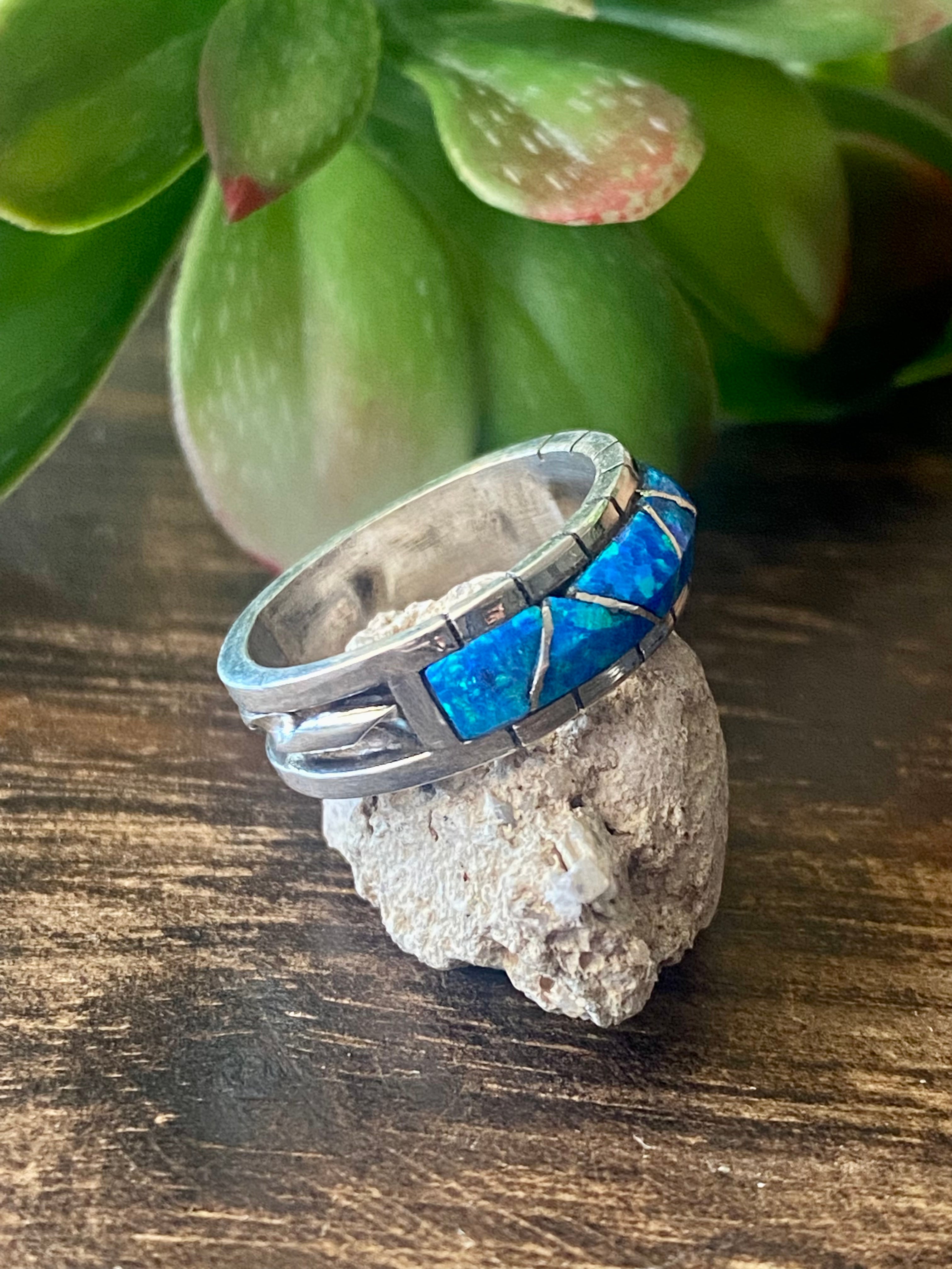 Zuni Made Blue Opal & Sterling Silver Inlay Ring