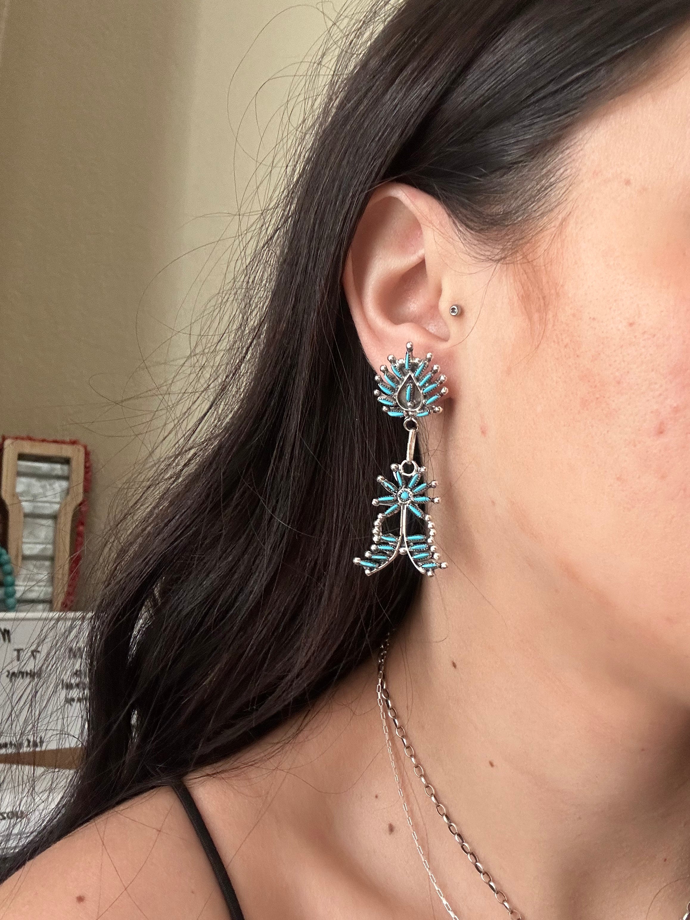 Zuni Made Turquoise & Sterling Silver Post Dangle Earrings