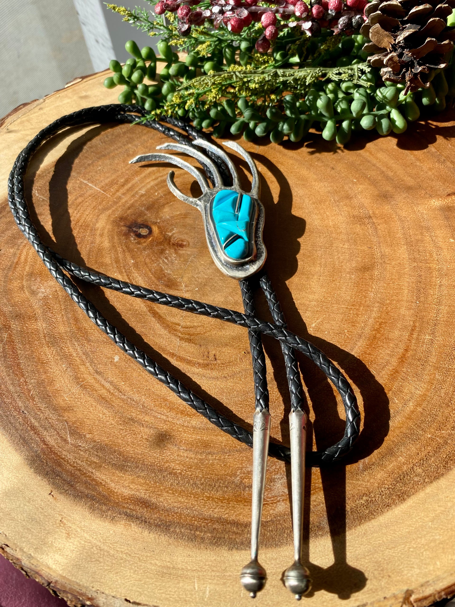 Navajo Made Kingman Turquoise & Sterling Silver Cobblestone Bear Claw Bolo Tie