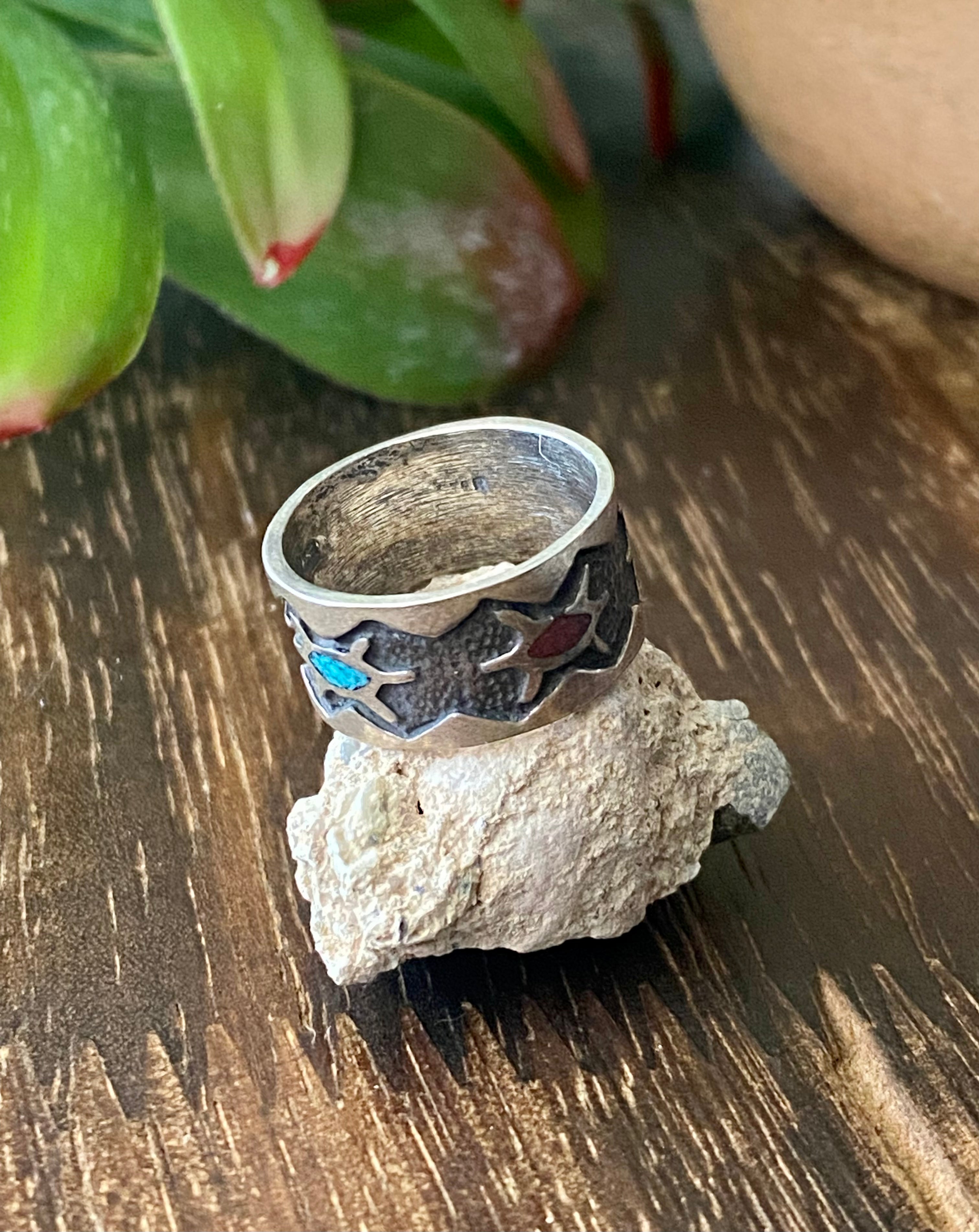 Navajo Made Multi Stone & Sterling Silver Flake Turtle Ring Size 4.5