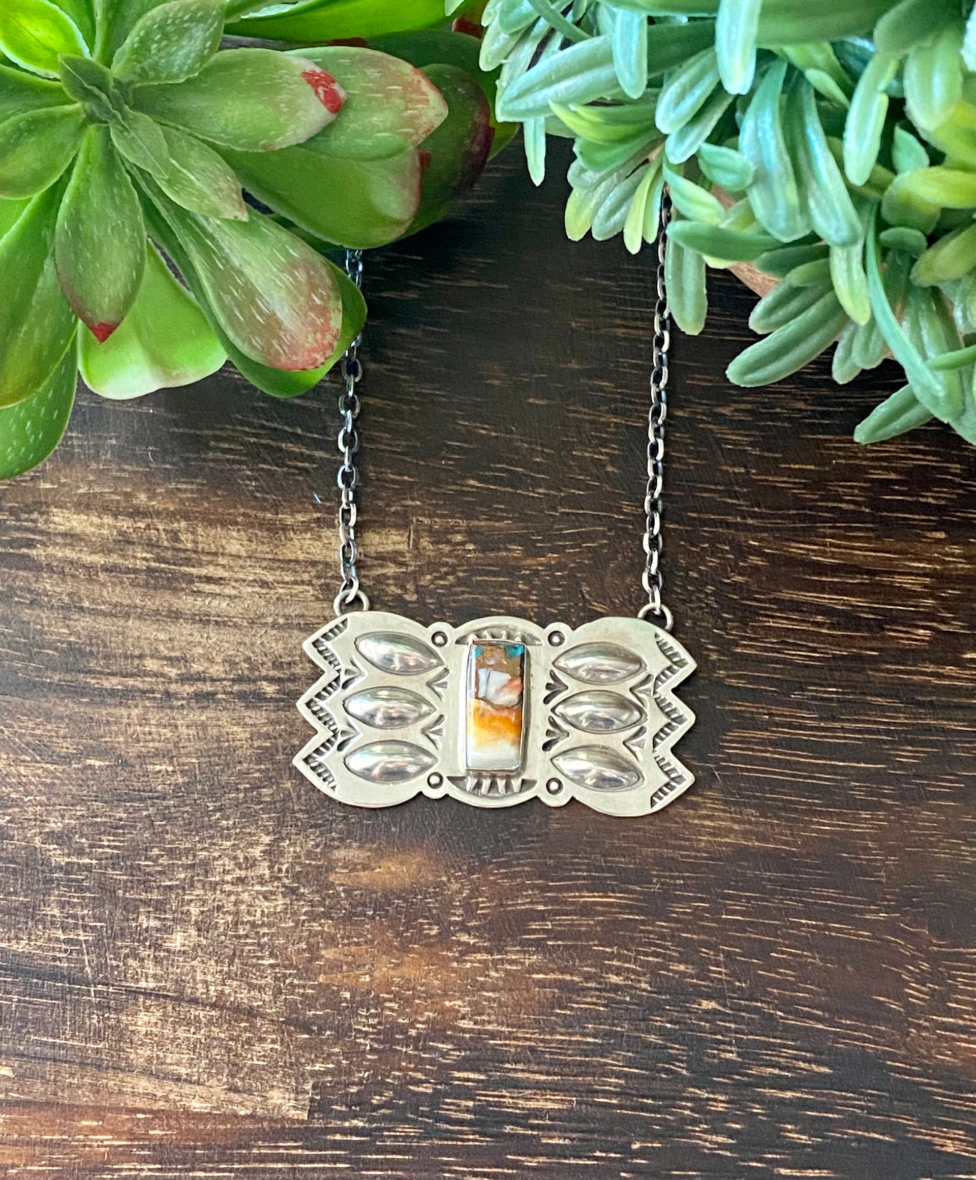 Navajo Made Mohave Turquoise & Sterling Silver Bar Necklace
