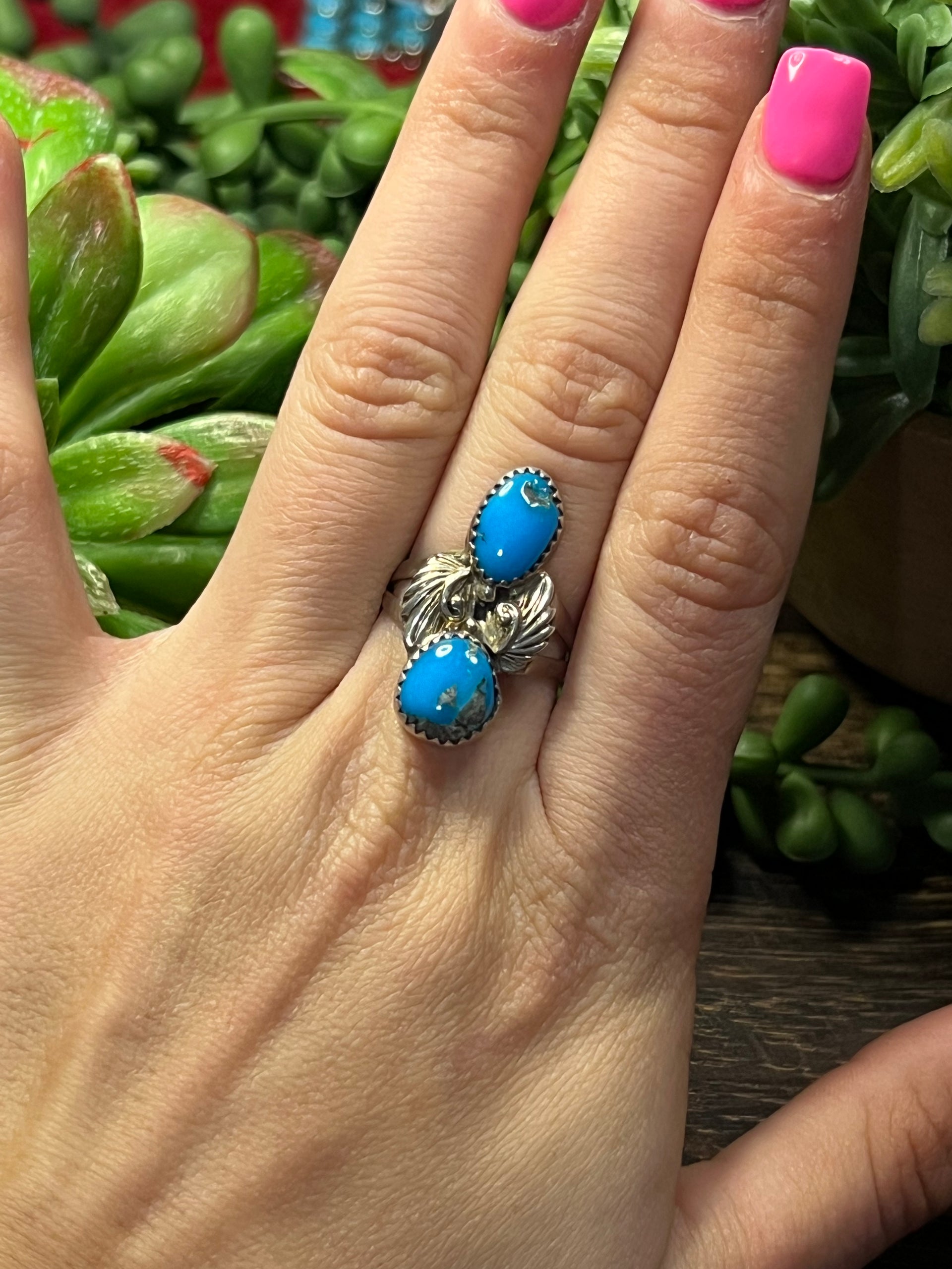 Navajo Made Kingman Turquoise & Sterling Silver Ring Size 7.25