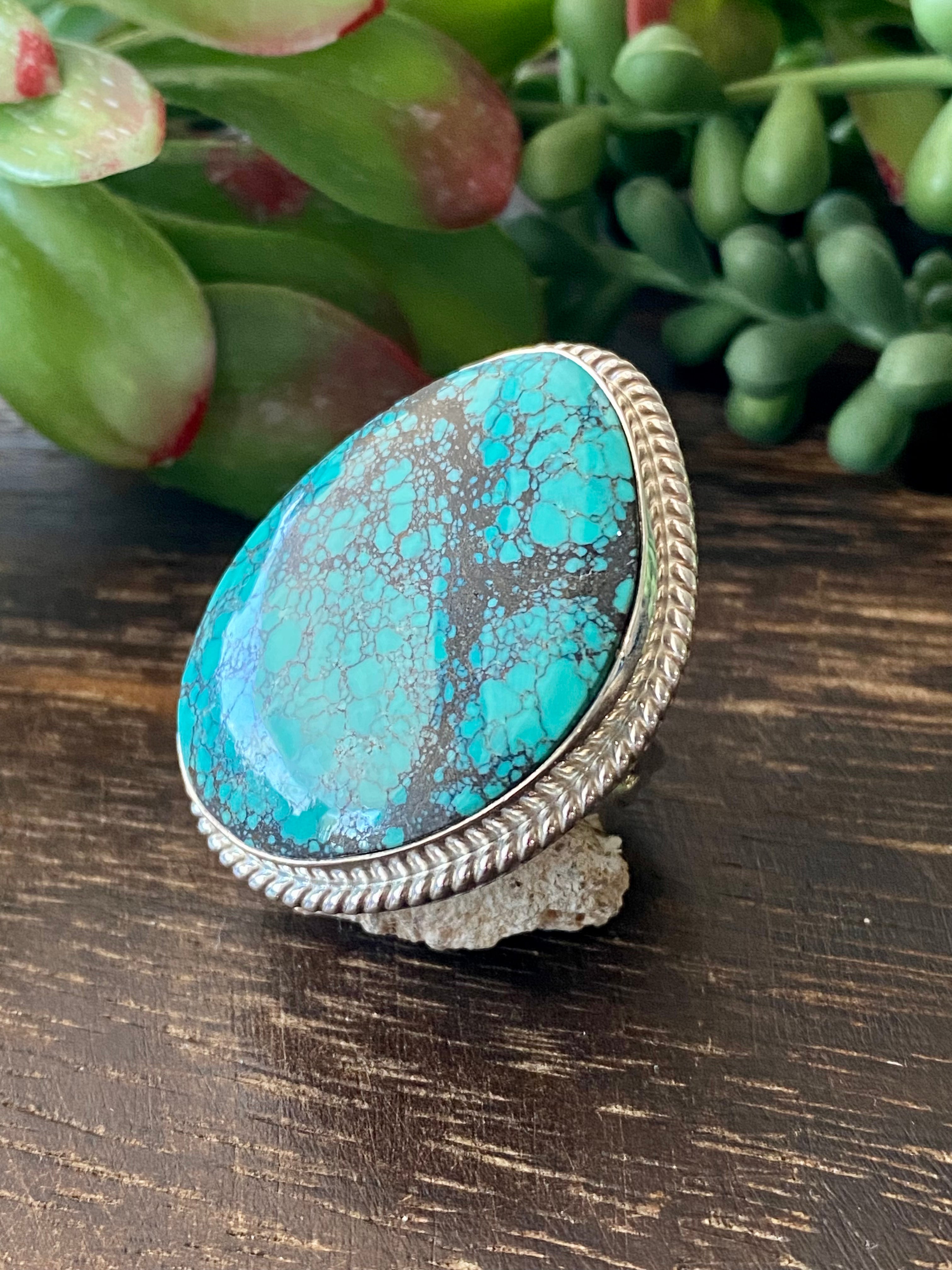 Navajo Made Hubei Turquoise & Sterling Silver Ring Size 10