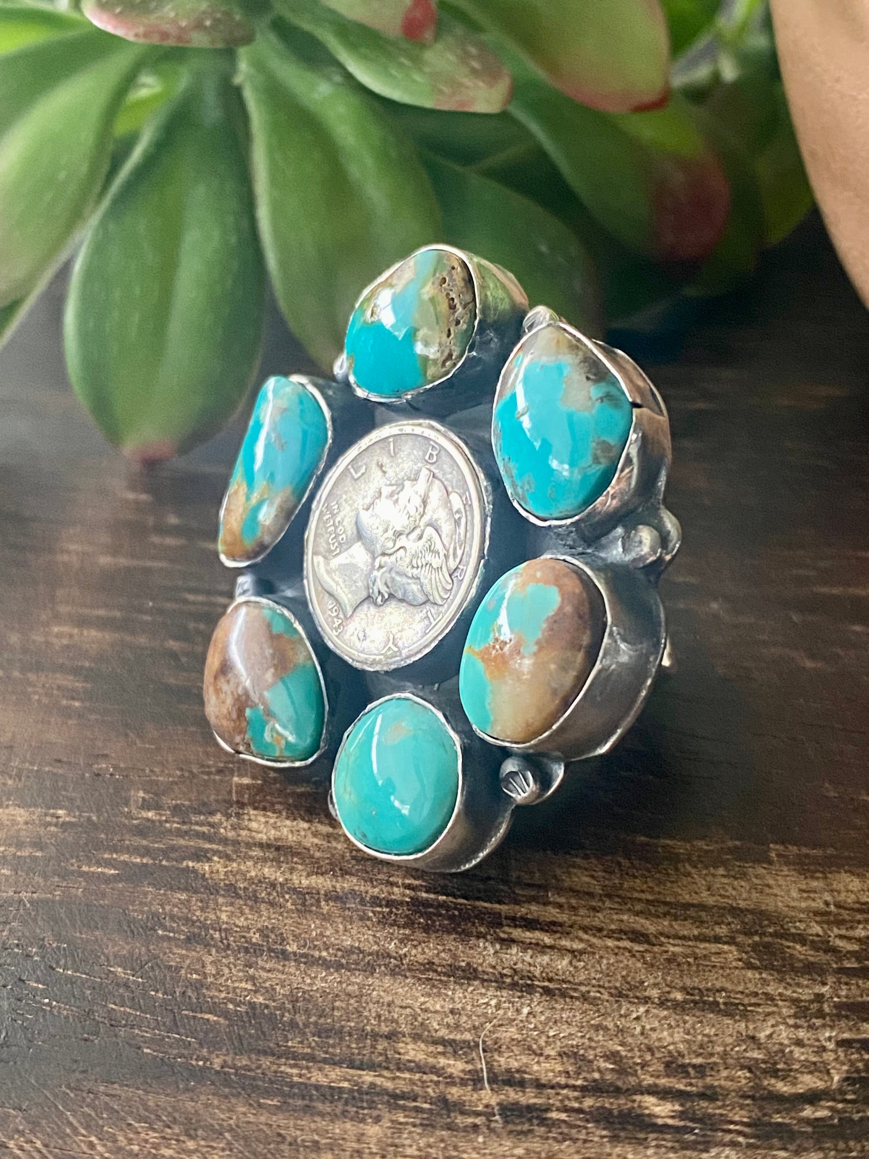 Gilbert Nez Thunder Mountain Turquoise & Sterling Silver Dime Ring Size 10.25