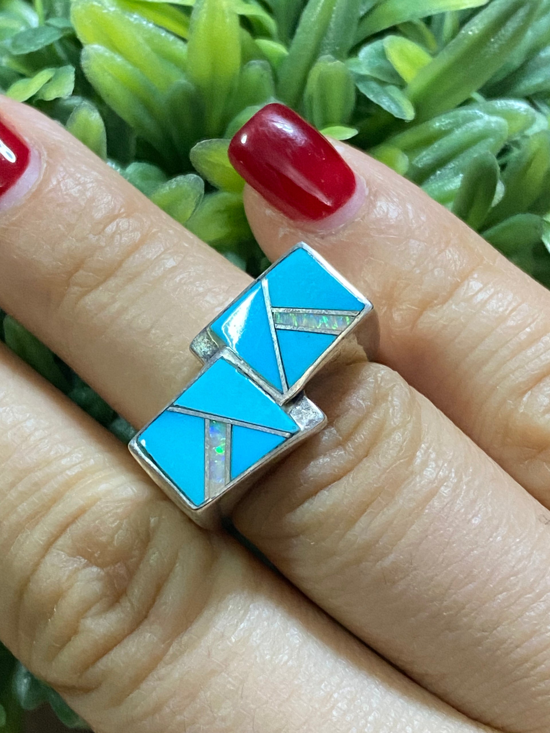 Victor Thompson Turquoise & White Opal (Man-Made) Sterling Silver Inlay Ring Size 7