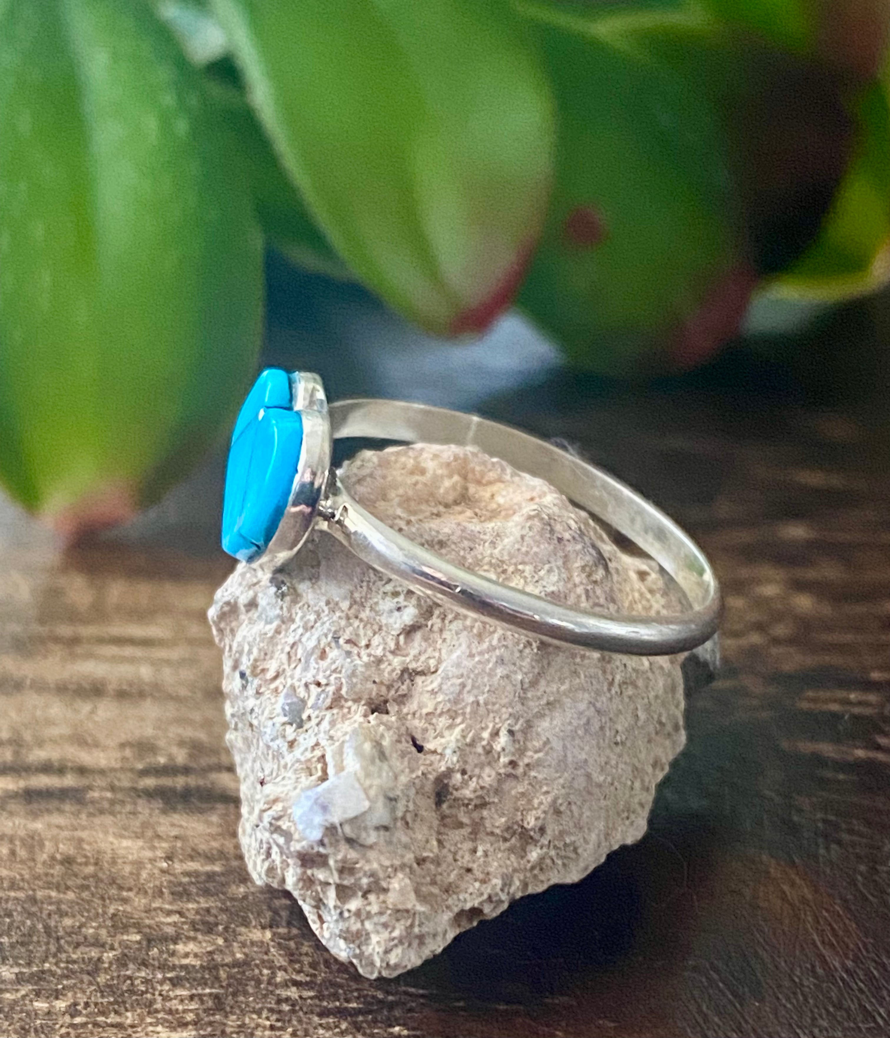 Navajo Made Turquoise & Sterling Silver Inlay Heart Ring Size