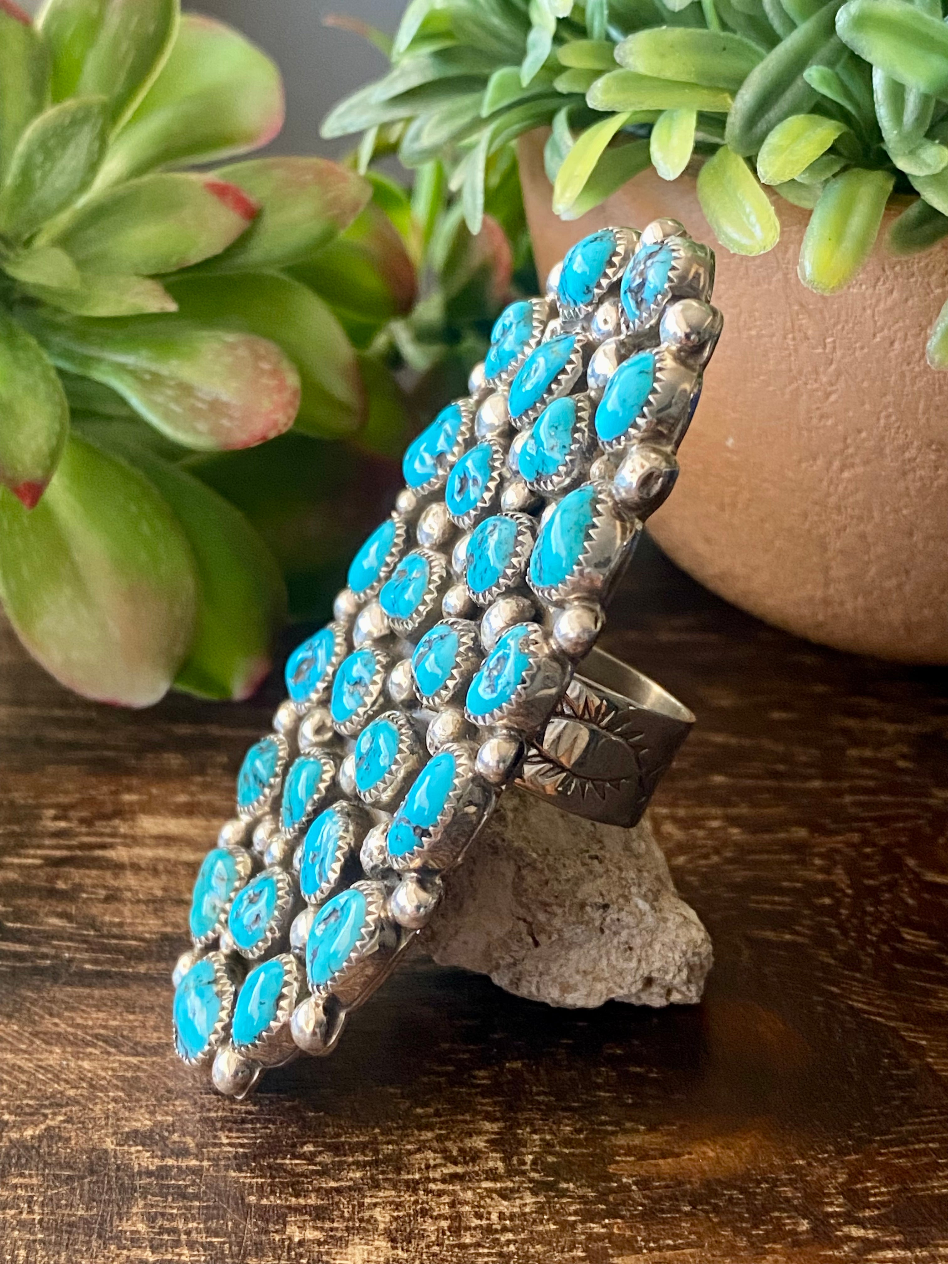 Darlene Begay Kingman Turquoise & Sterling Silver Ring Size 11