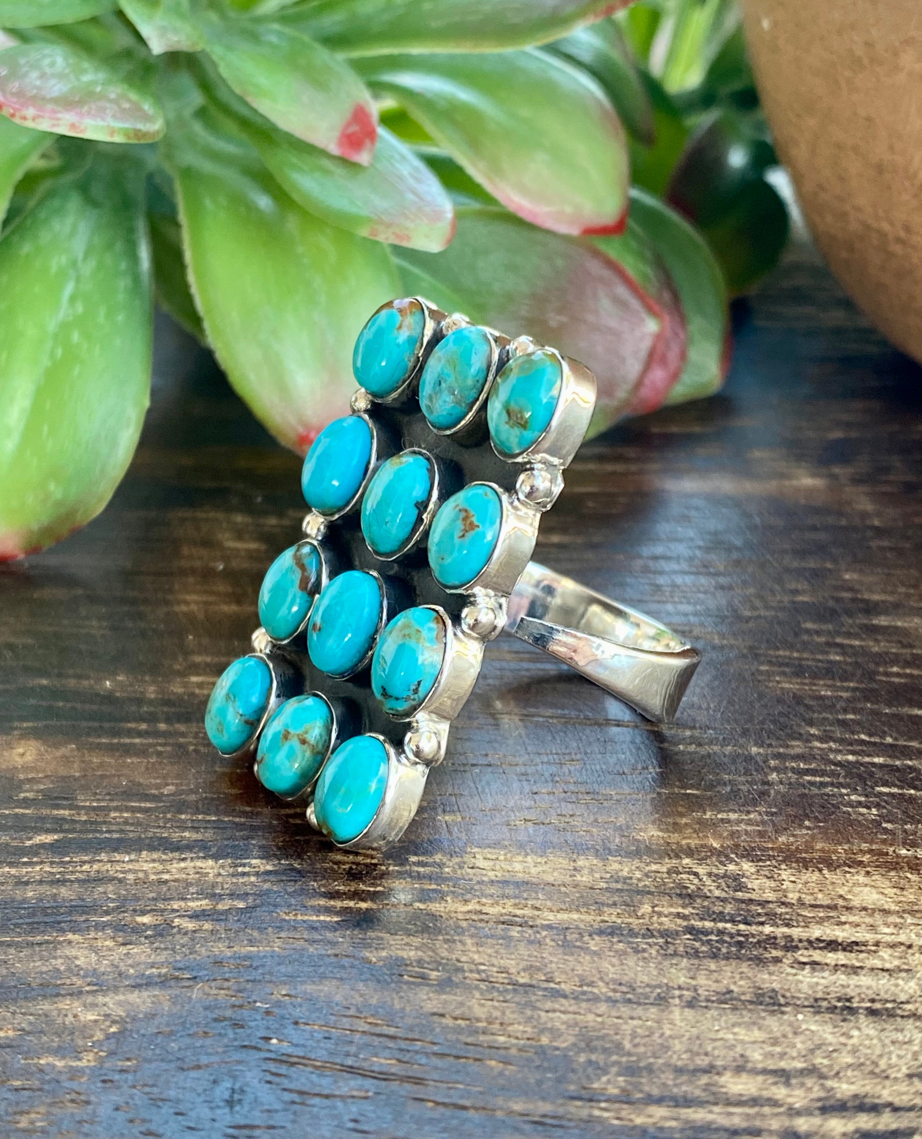 Southwest Handmade Kingman Turquoise & Sterling Silver Adjustable Cluster Rings