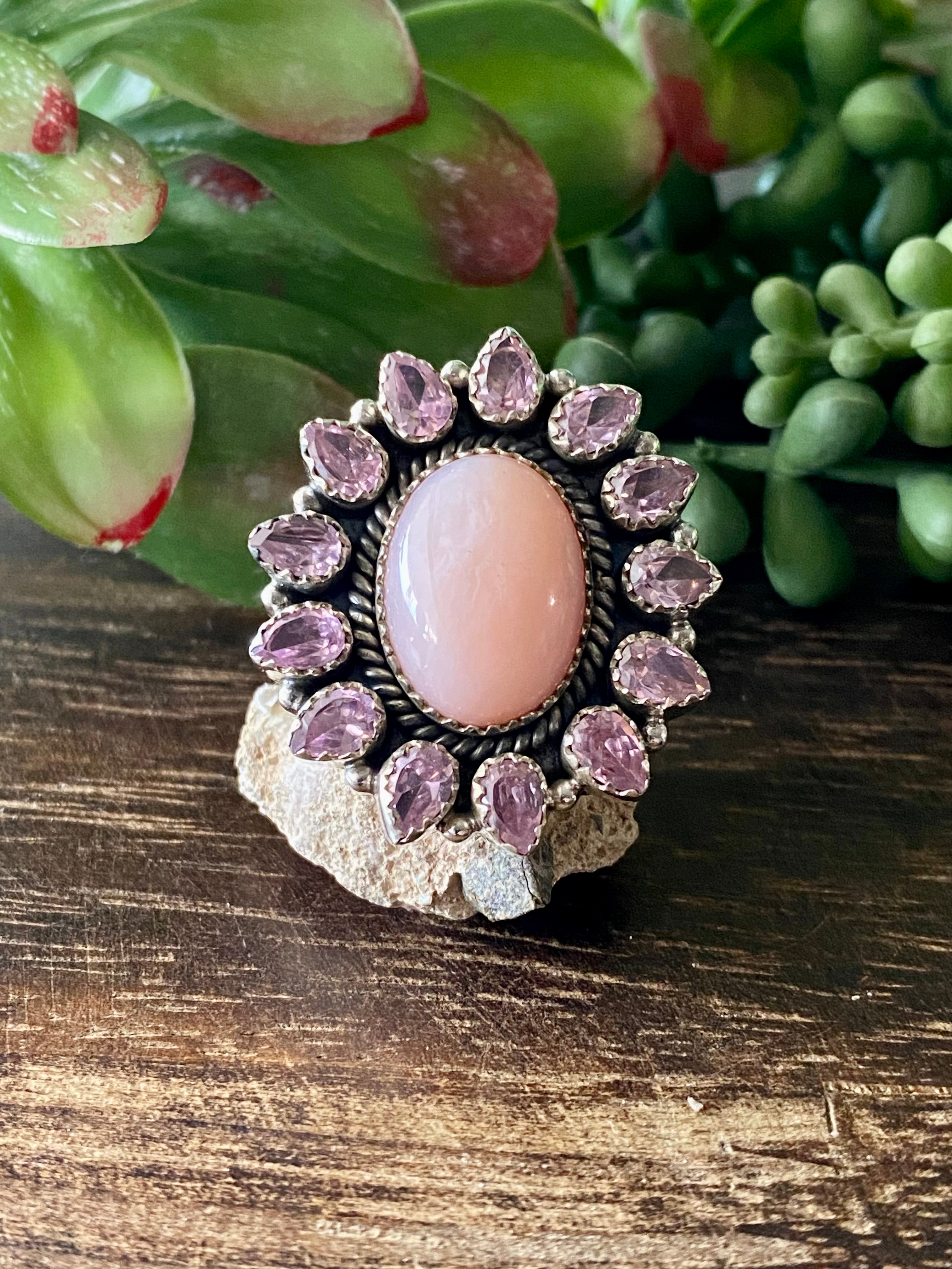 Southwest Handmade Rose Quartz & Amethyst Sterling Silver Cluster Adjustable Ring Size 6