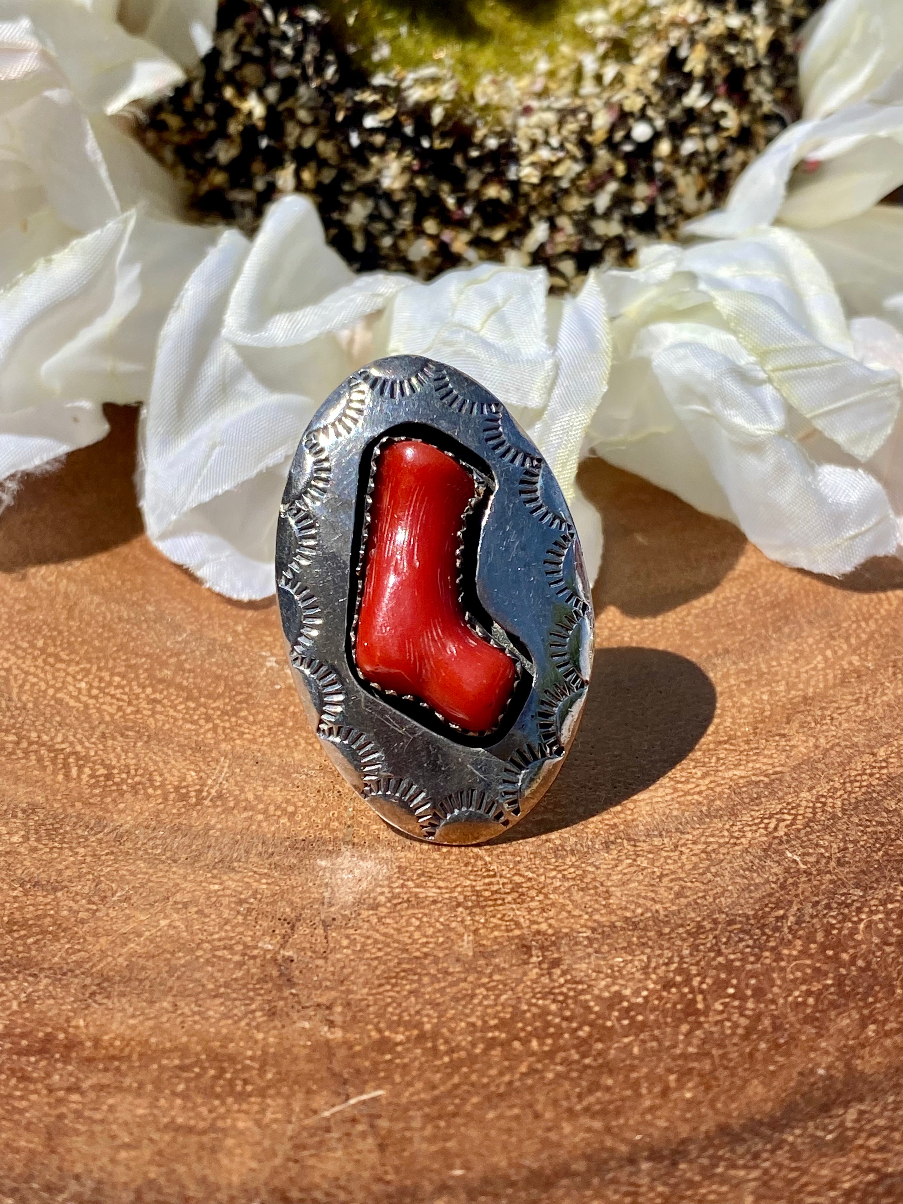 Vintage Navajo Made Coral & Sterling Silver Ring Size 6.75