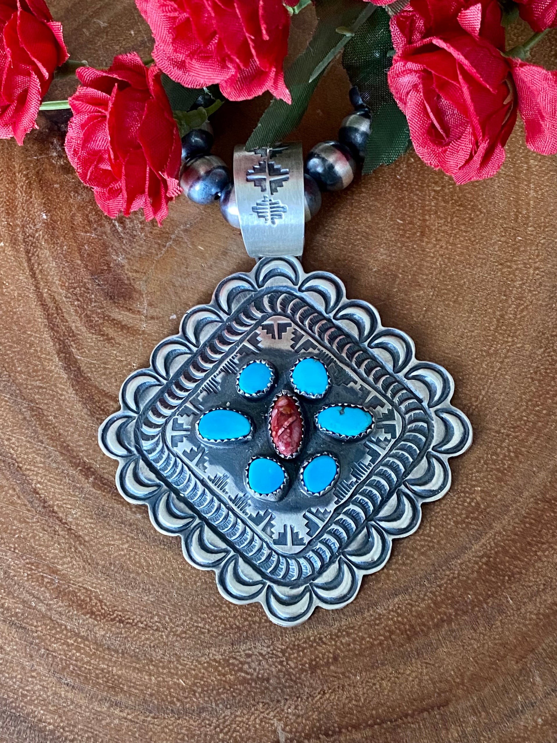 Shawn Cayatineto Kingman Turquoise & Purple Spiny Oyster Sterling Silver Cluster Pendant