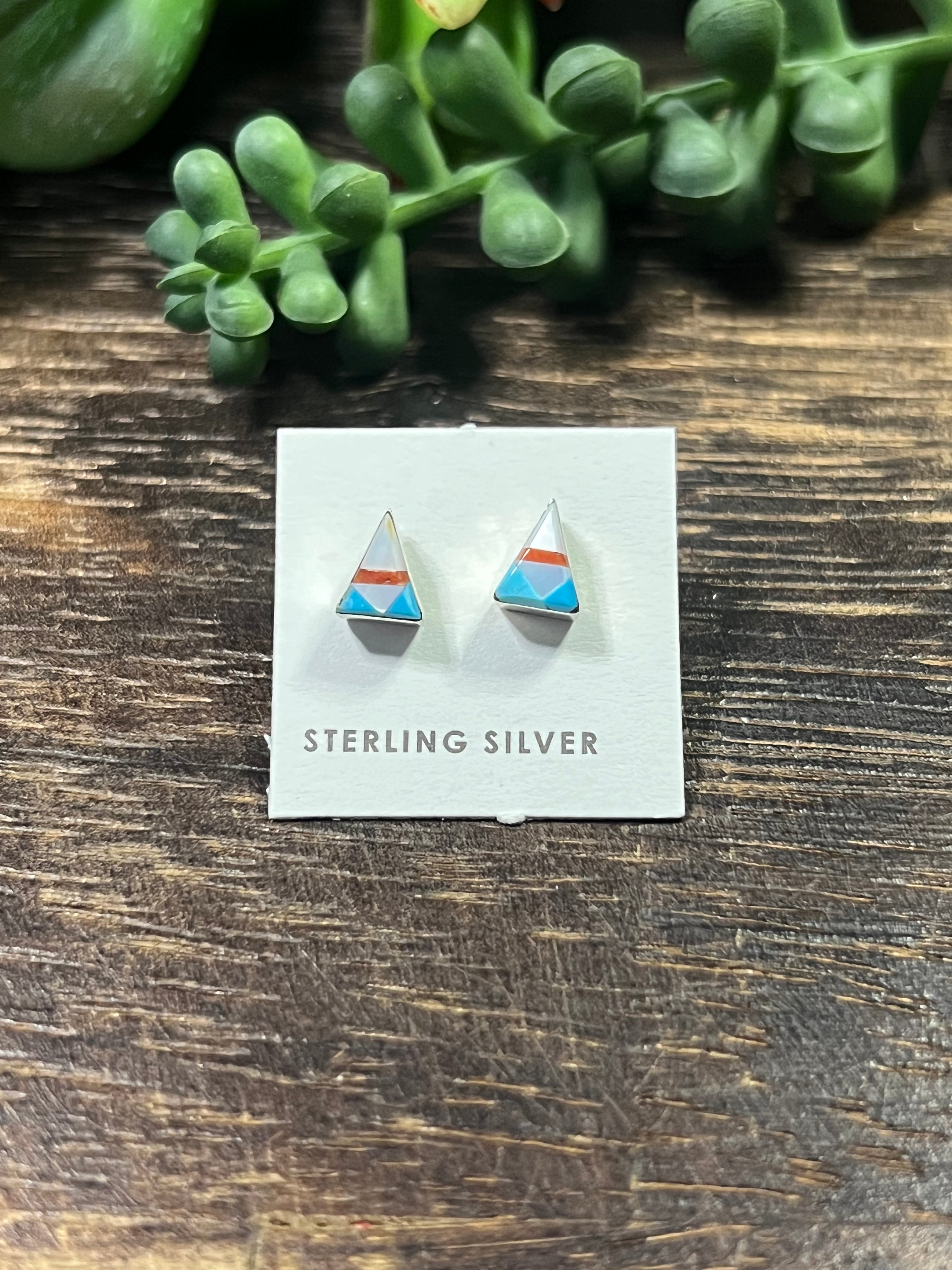 Zuni Made Multi Stone & Sterling Silver Triangle Post Earrings