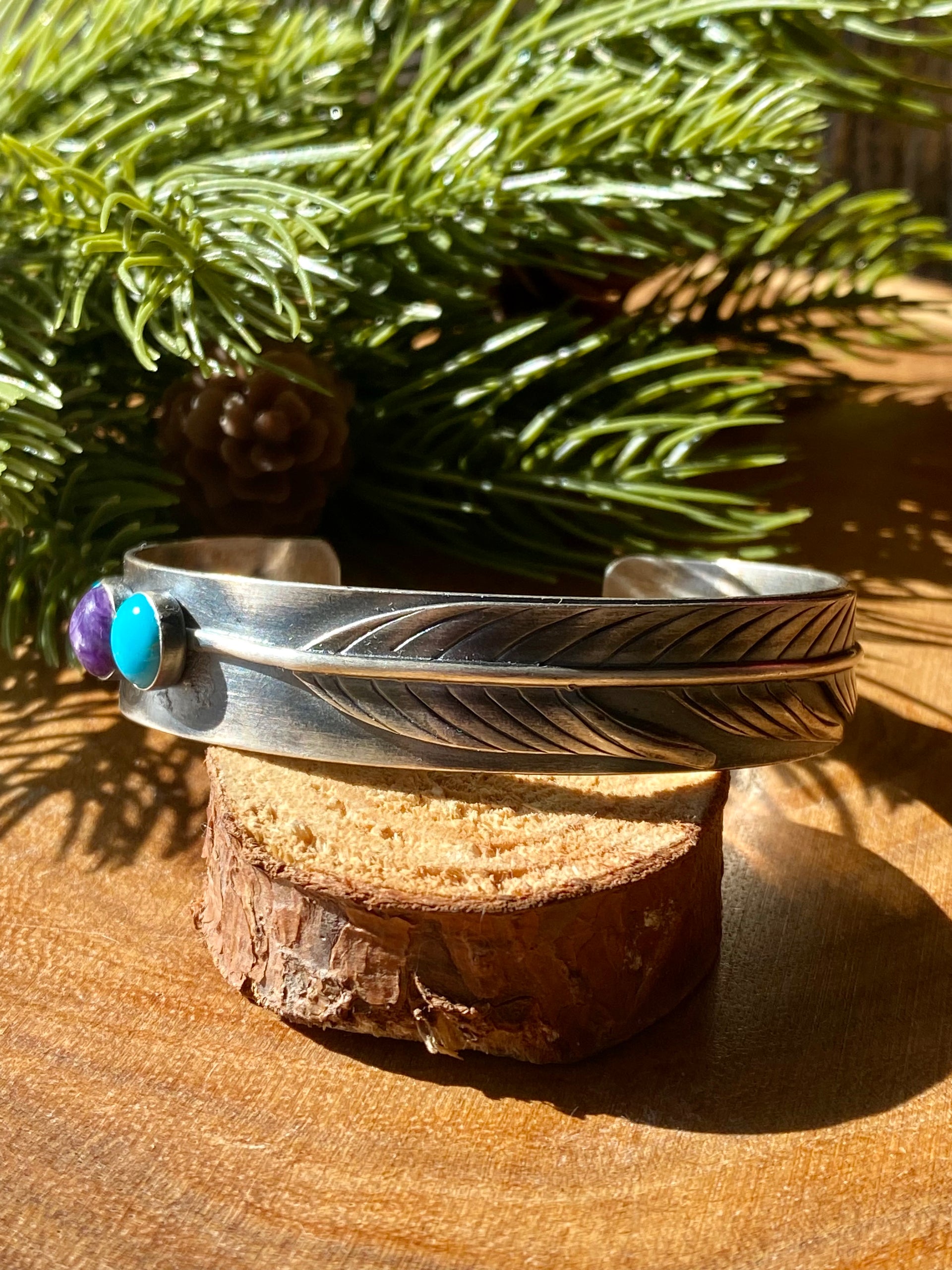 Tony Yazzie Multi Stone & Sterling Silver Feather Cuff Bracelet