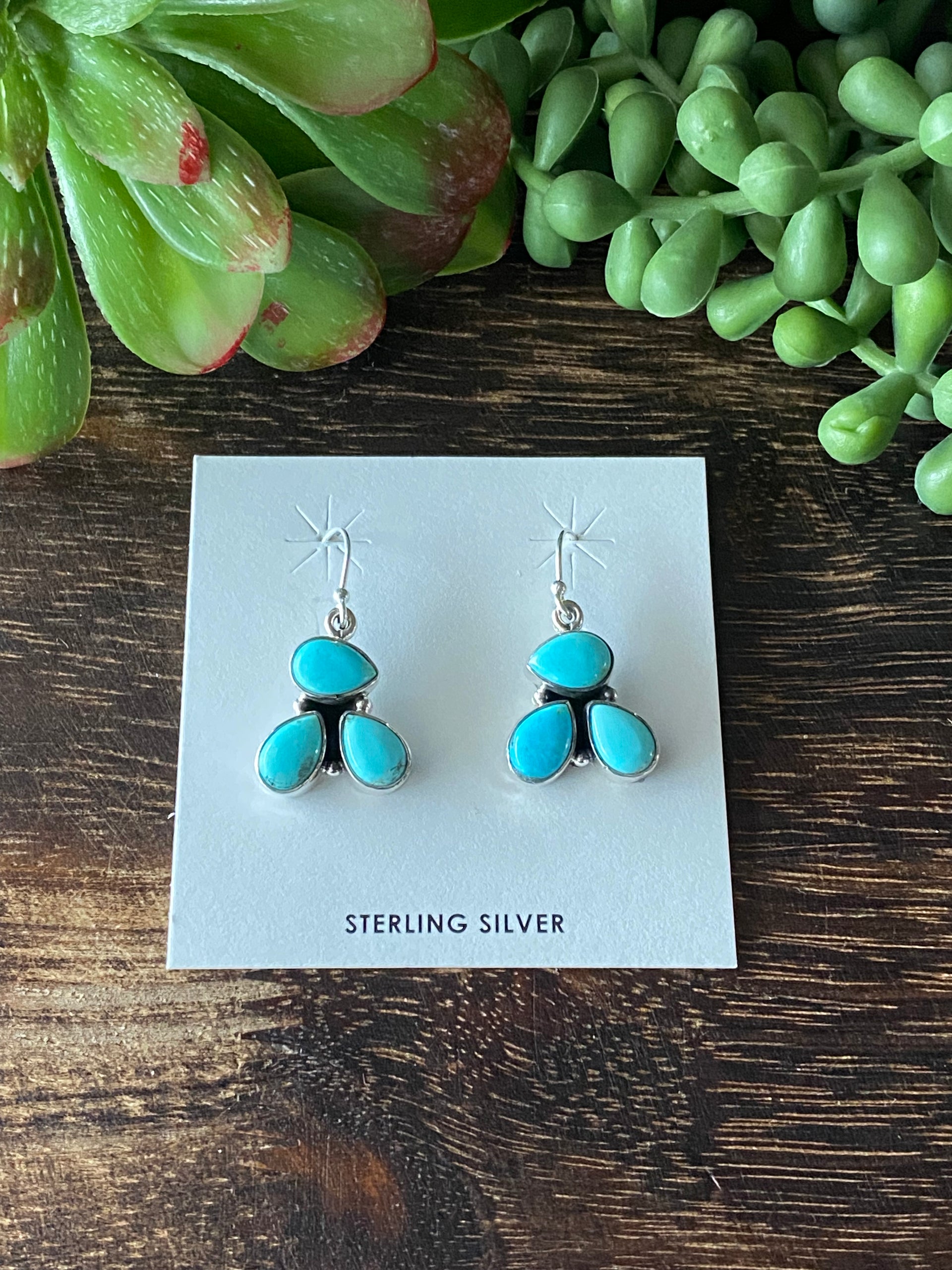 Southwest Handmade Kingman Turquoise & Sterling Silver Cluster Dangle Earrings