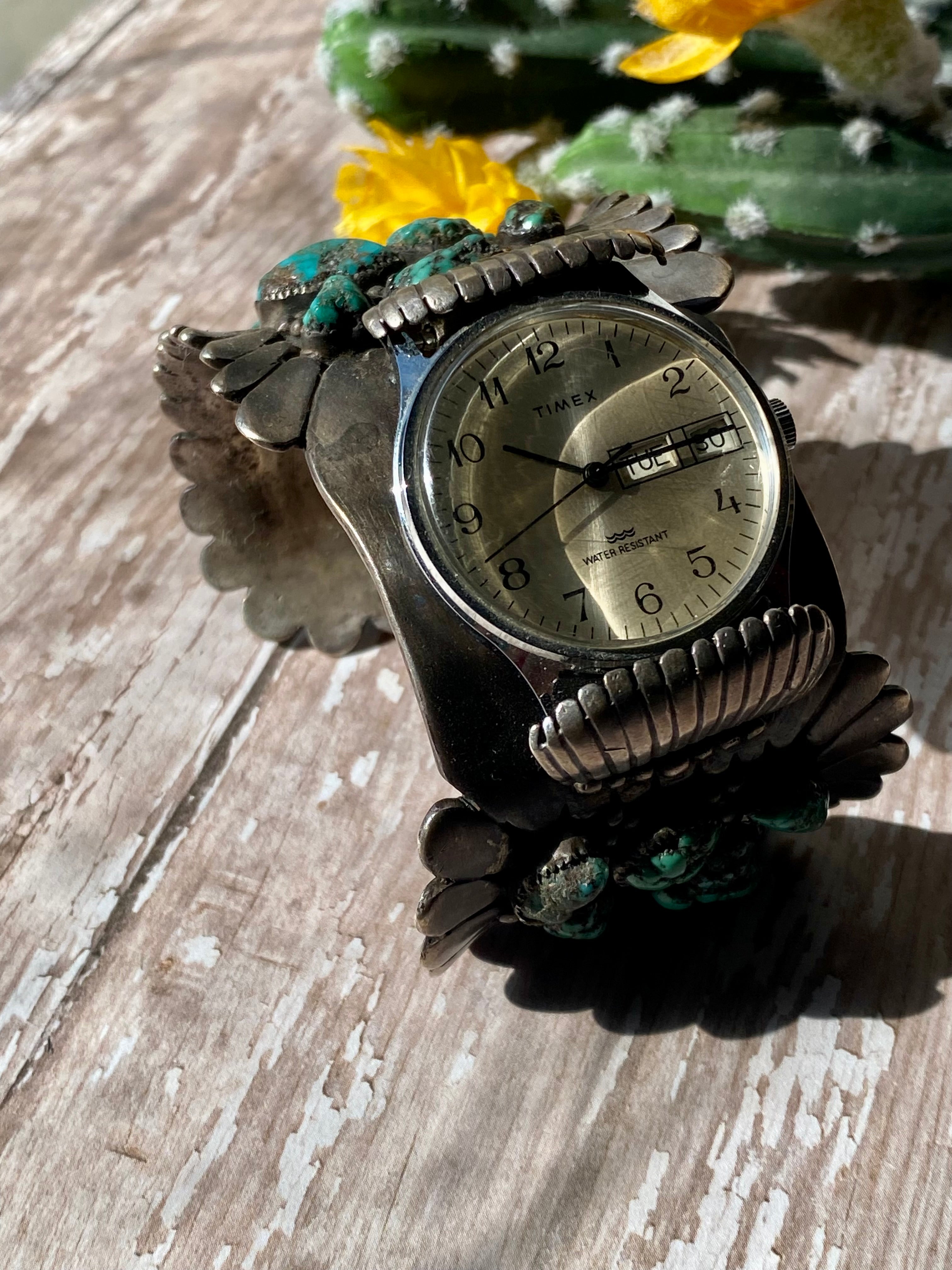 Vintage Arthur J Williams Turquoise & Sterling Silver Watch Cuff Bracelet