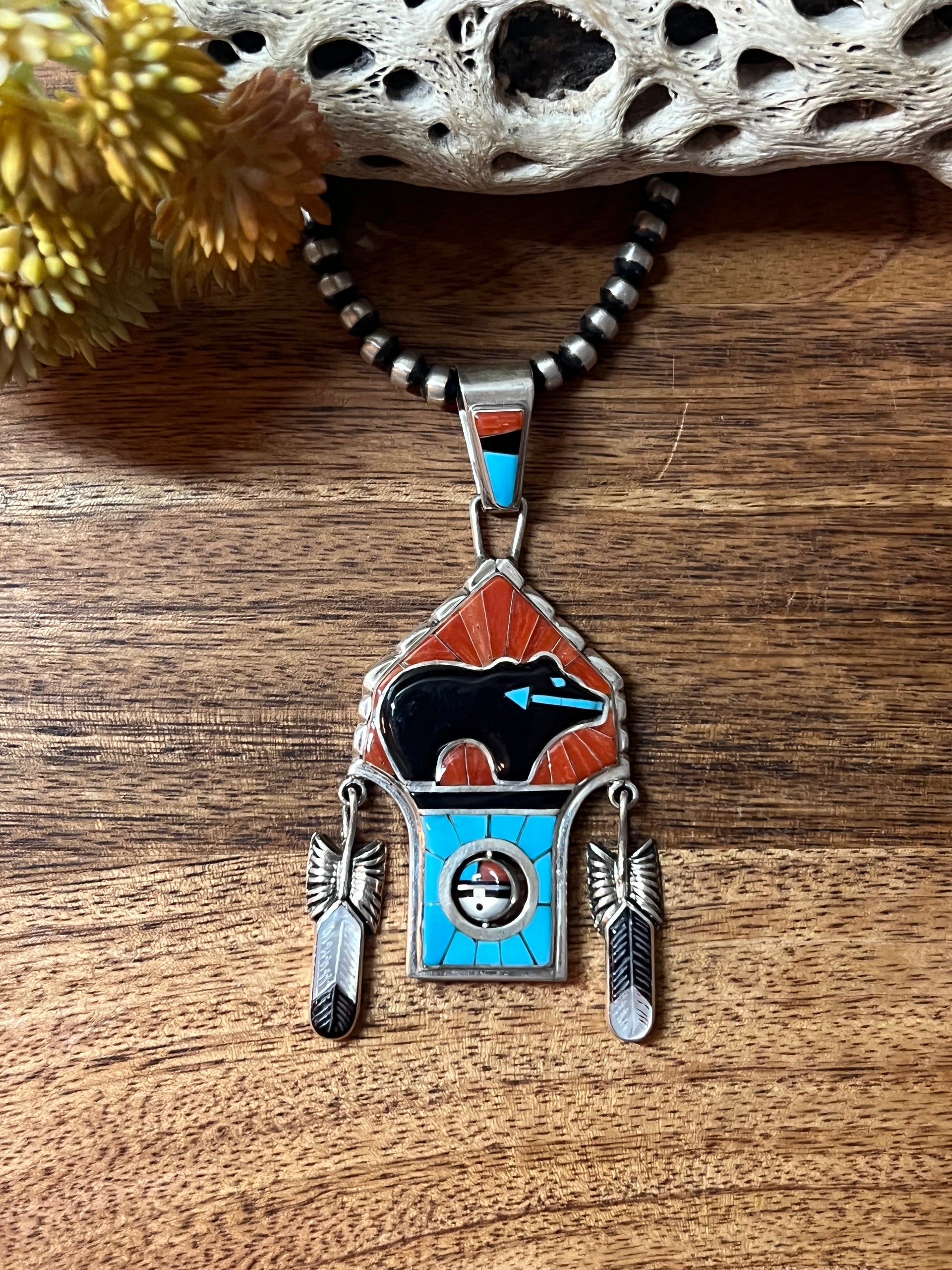 Don Dewa Multi Stone & Sterling Silver Inlay Spinning Sun Face Pendant