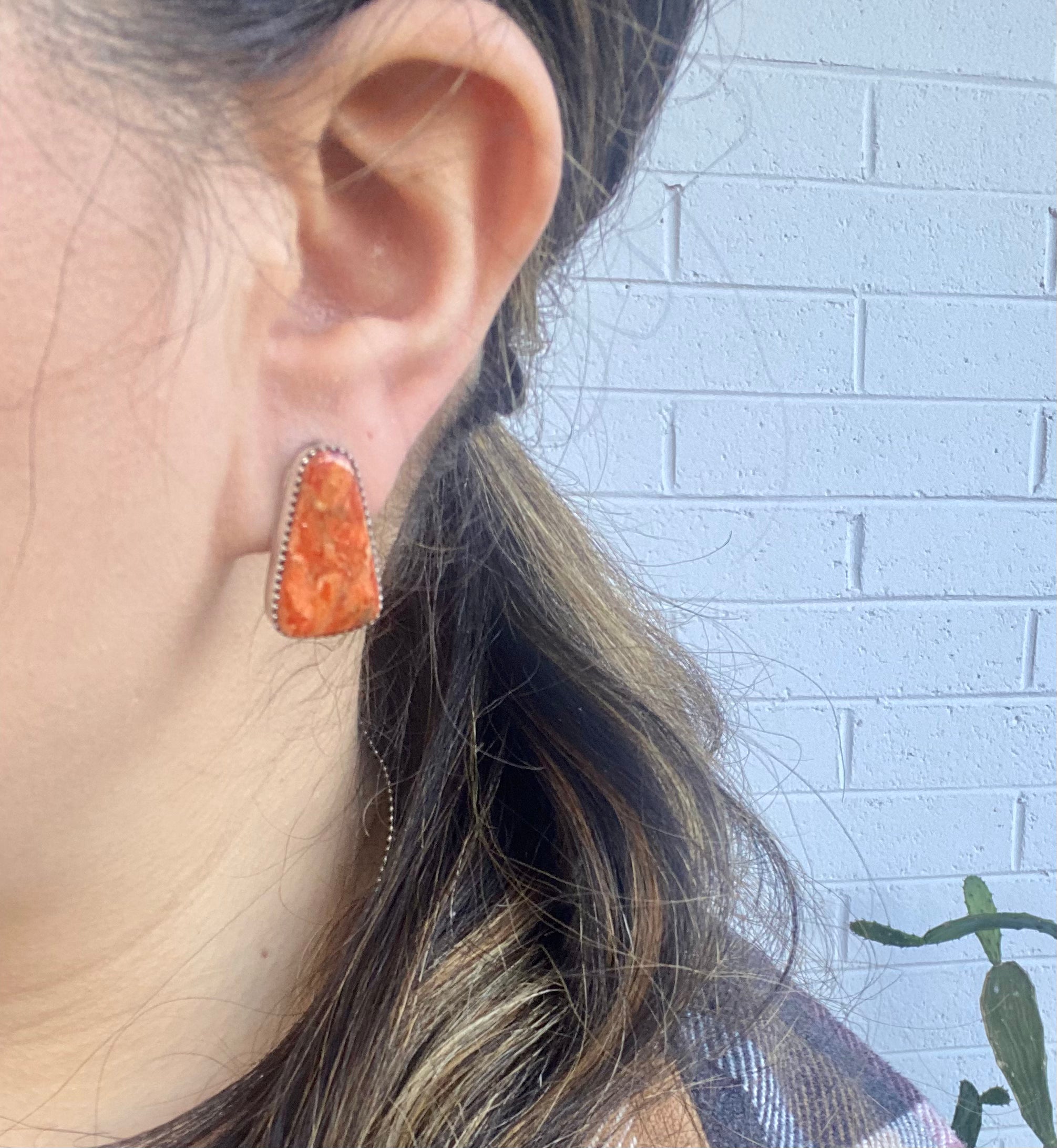 Navajo Made Apple Coral & Sterling Silver Post Earrings