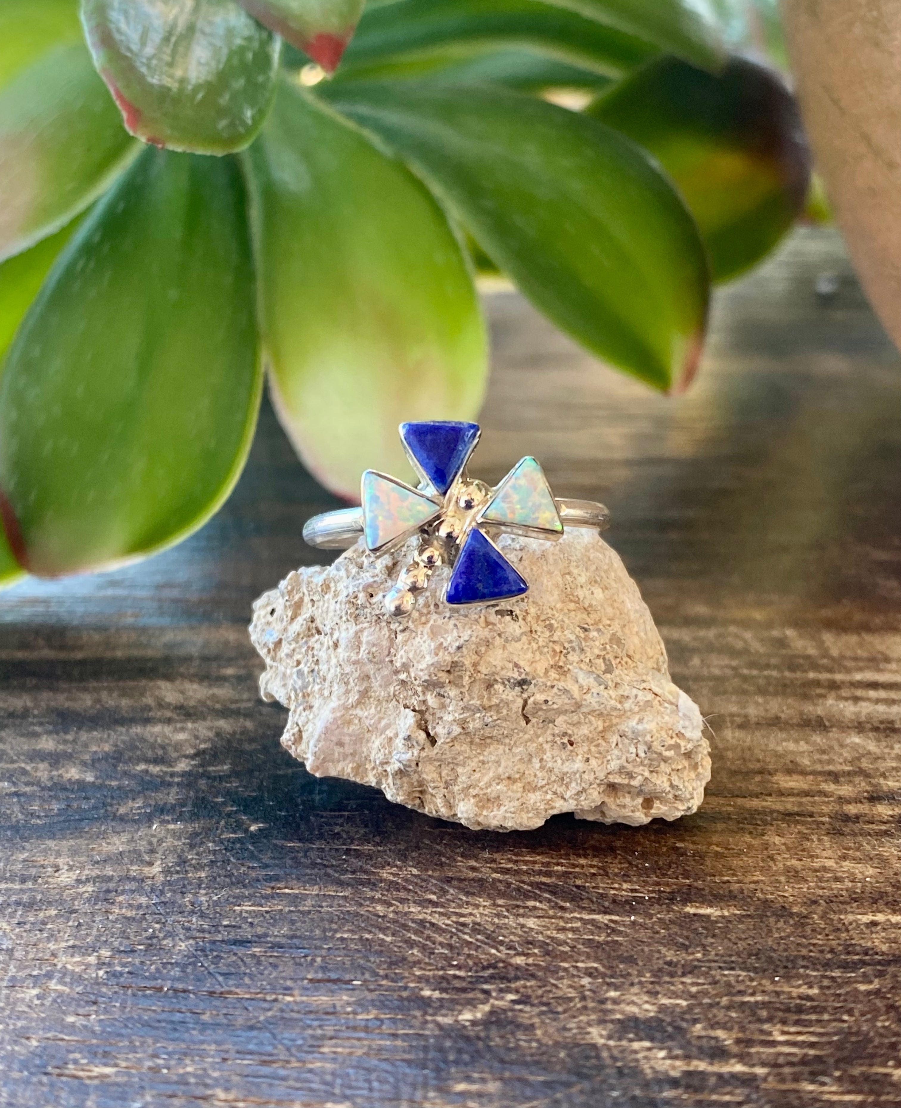 Zuni Made Lapis & White Opal Sterling Silver Dragonfly Ring Size 6