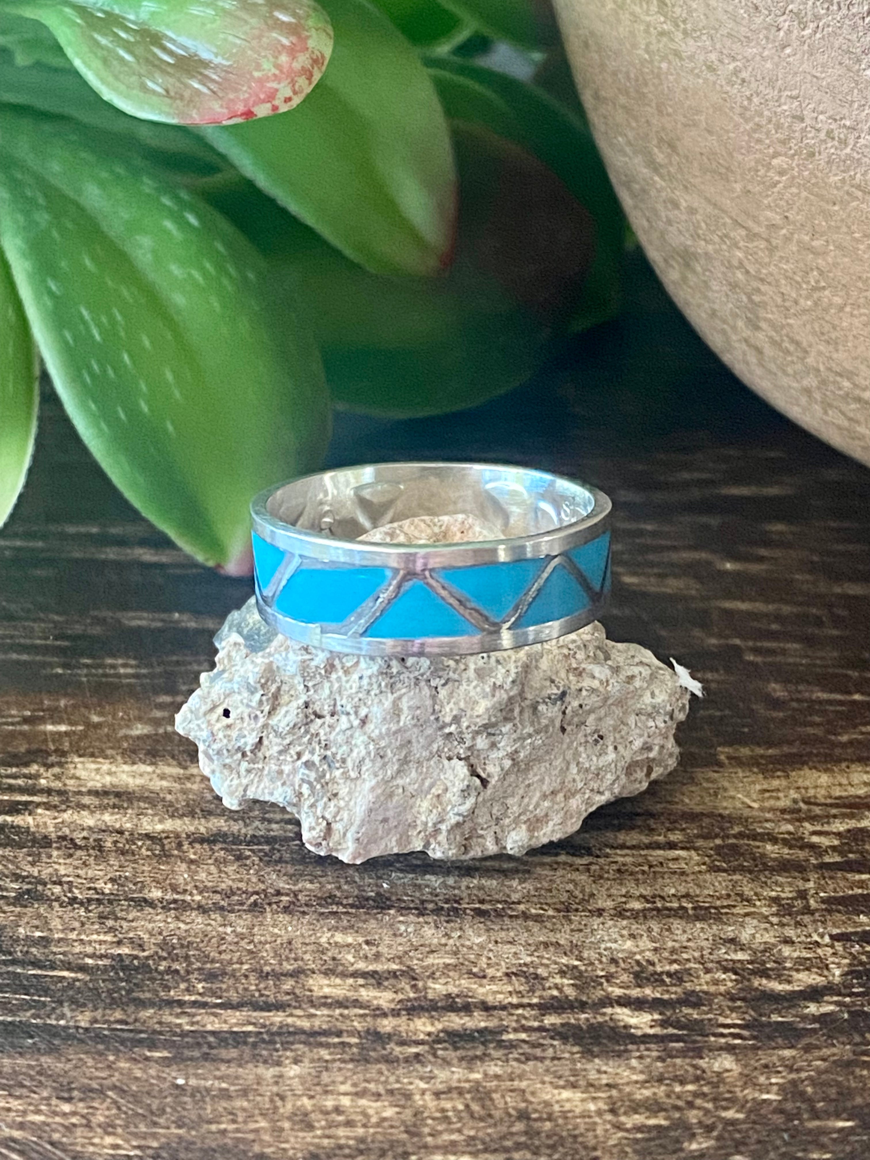 Navajo Made Turquoise & Sterling Silver Inlay Ring Size 6