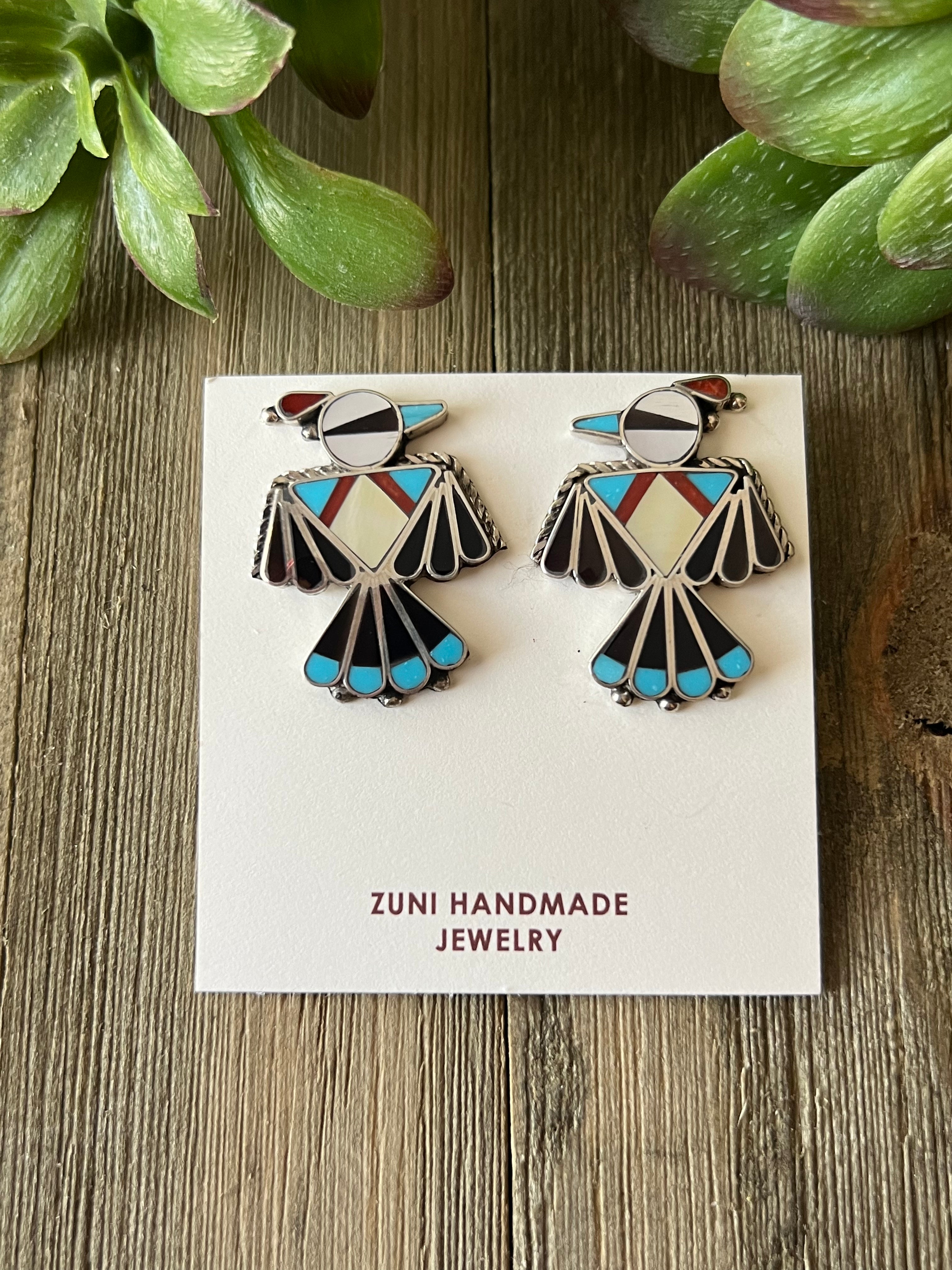 Zuni Made Multi Stone & Sterling Silver Inlay Thunderbird Post Earrings