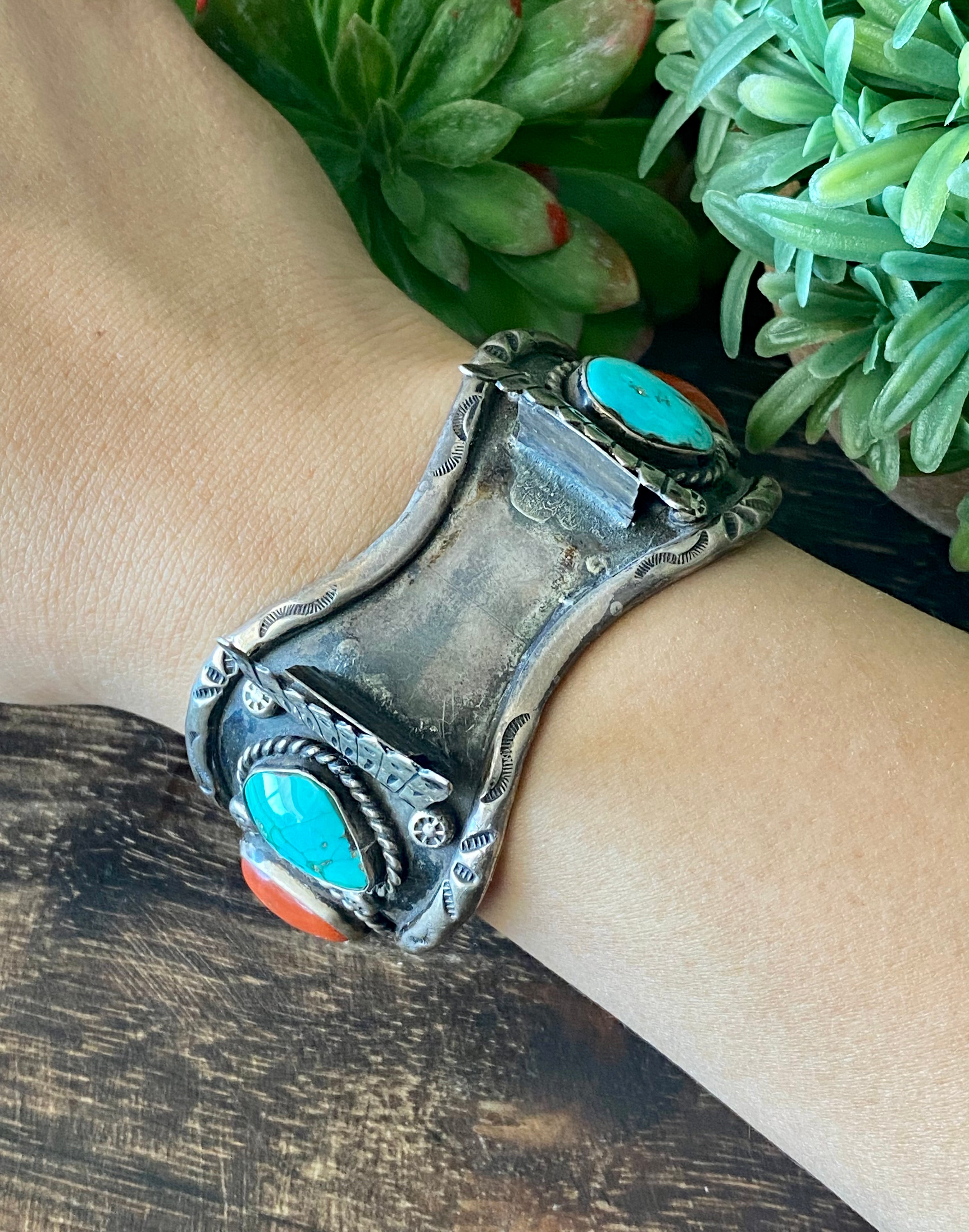 Vintage Navajo Made Kingman Turquoise & Coral  Sterling Silver Watch Cuff Bracelet