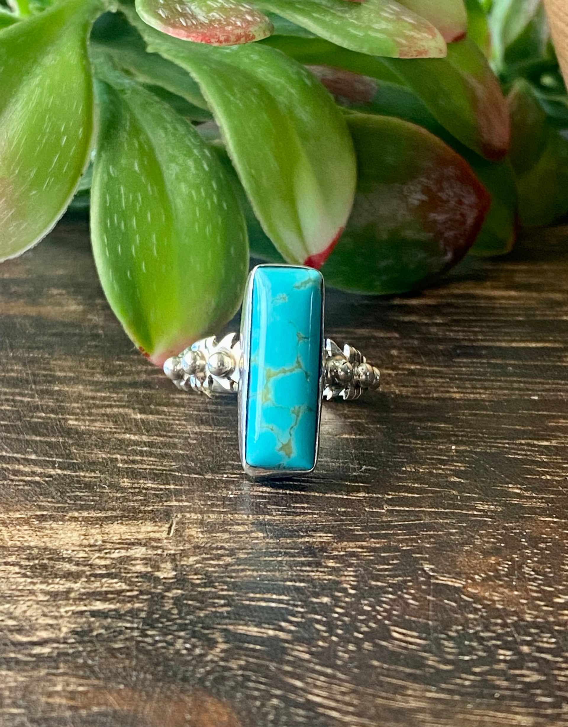 Navajo Made Kingman Turquoise & Sterling Silver Bar Ring Size 6.75
