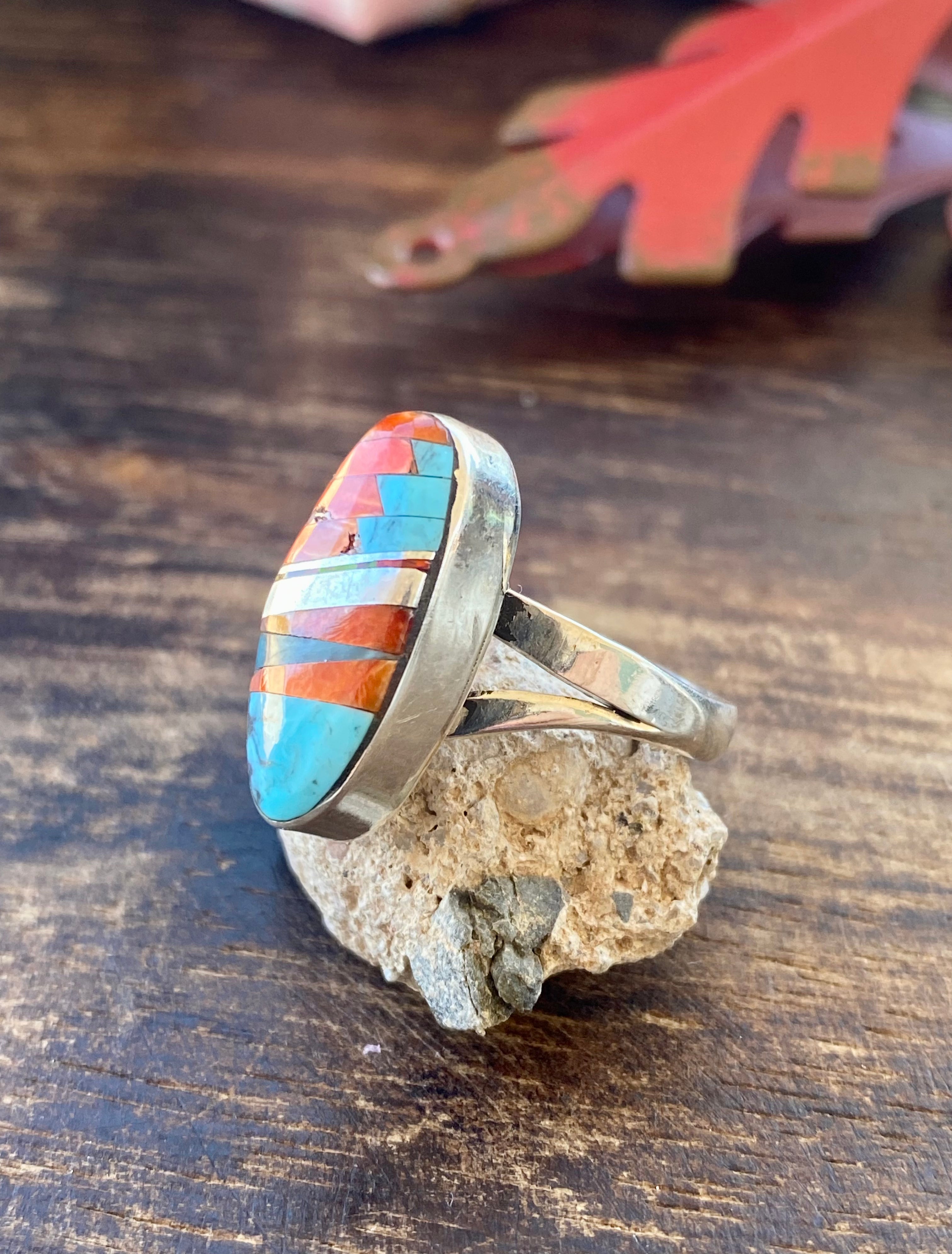 Navajo Made Multi Stone & Sterling Silver Inlay Ring Size 8.25