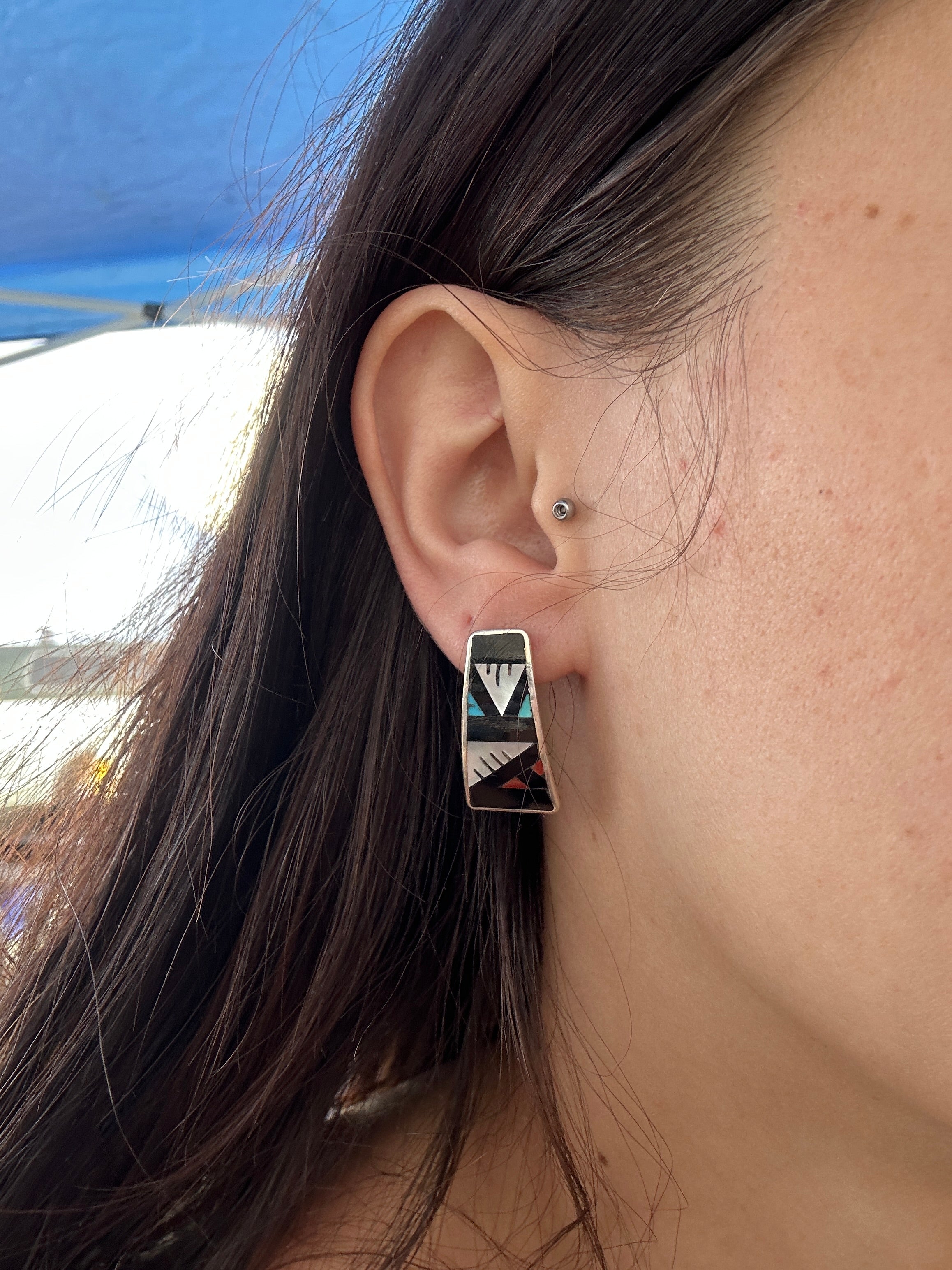 Zuni Made Multi Stone & Sterling Silver Post Inlay Earrings