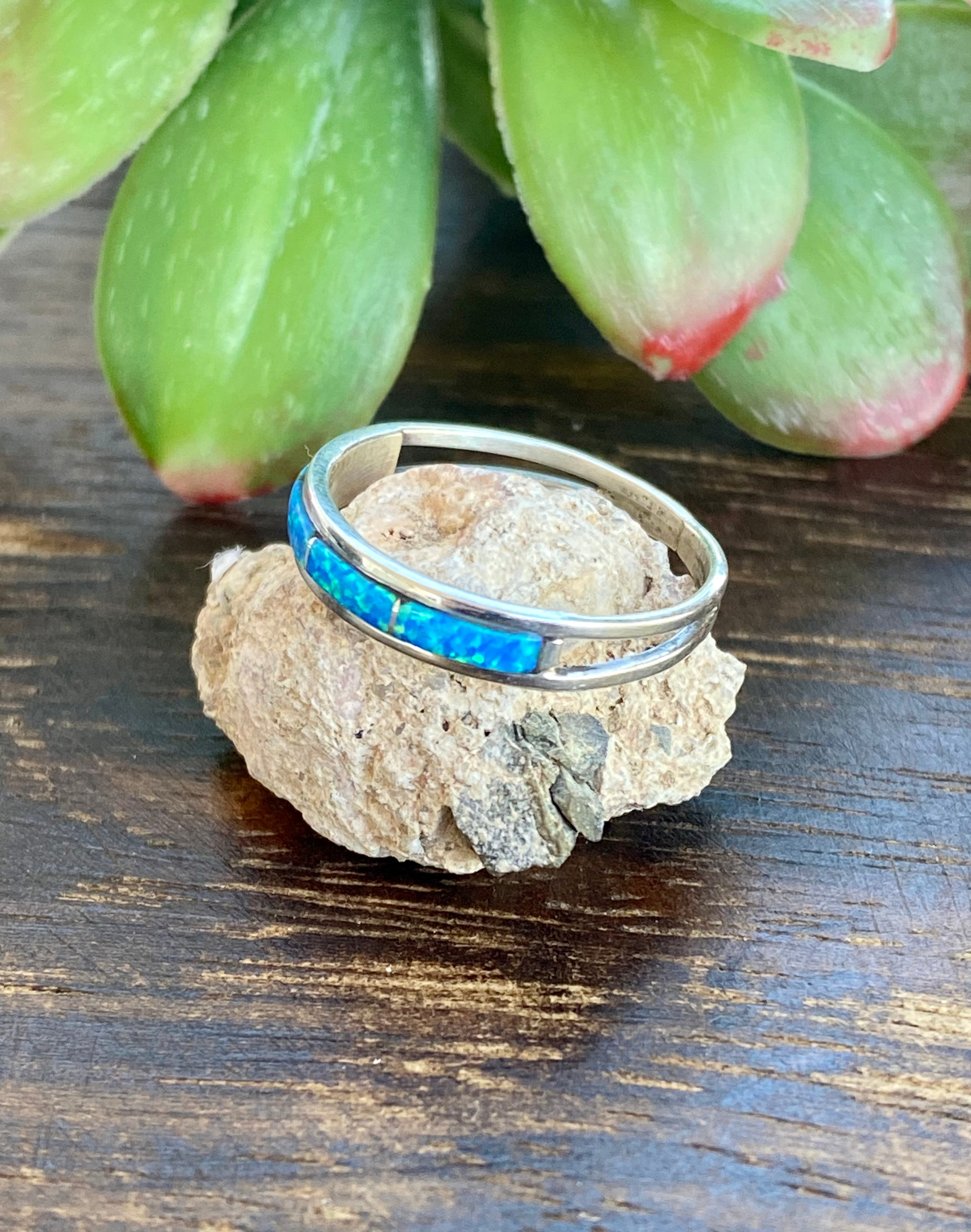 Navajo Made Blue Opal & Sterling Silver Inlay Ring Size 8