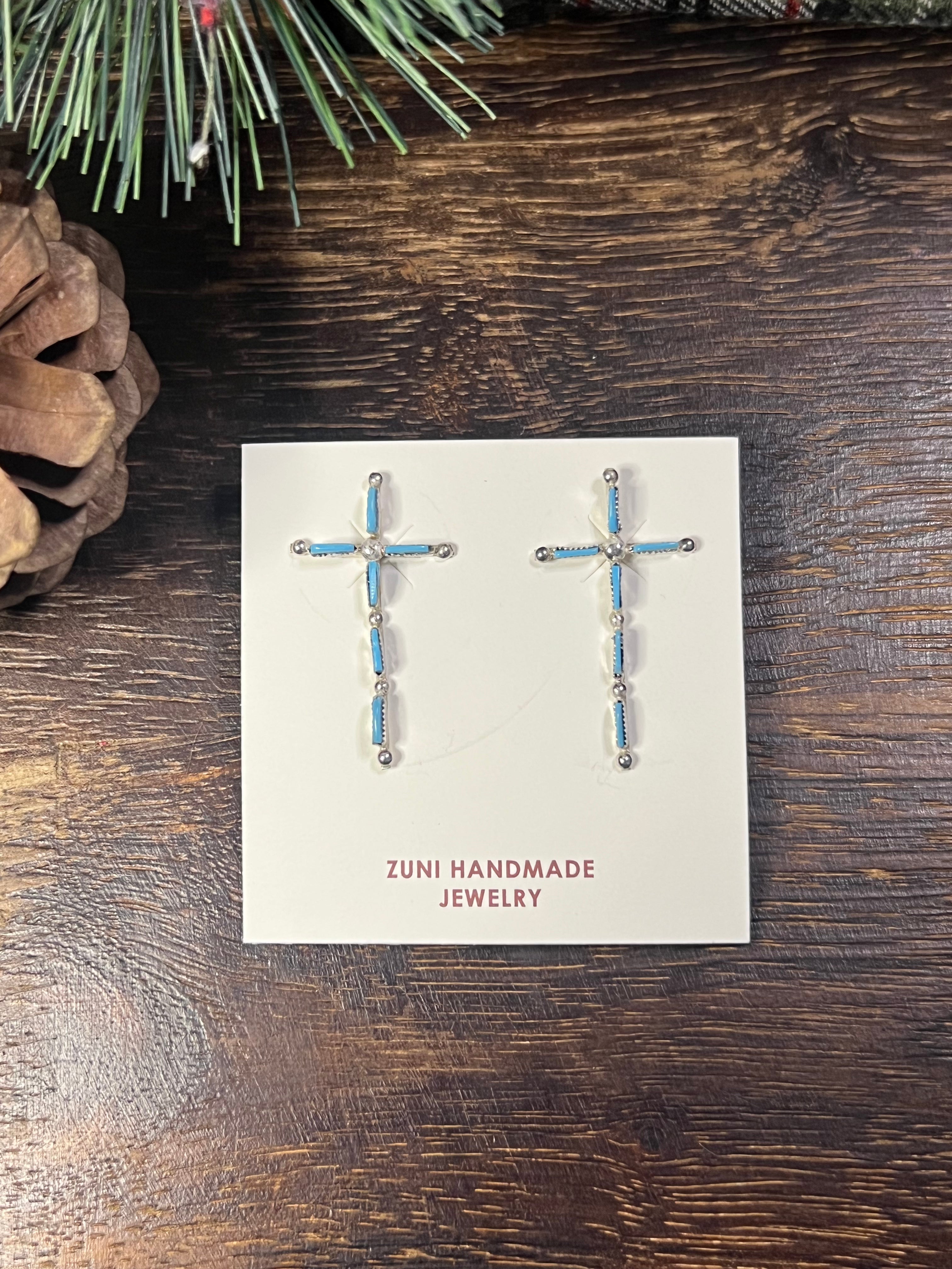 Cletus Lamy Kingman Turquoise & Sterling Silver Cross Post Earrings