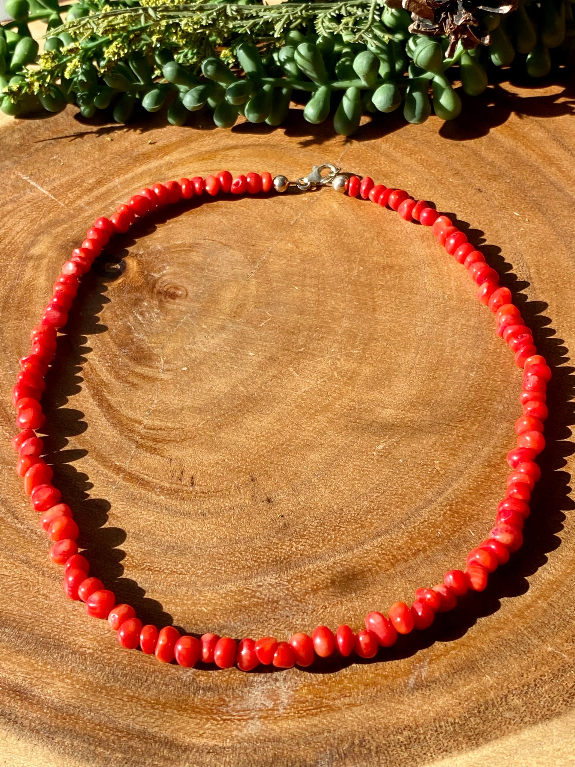 Navajo Made Bamboo Coral & Sterling Silver Beaded Necklace