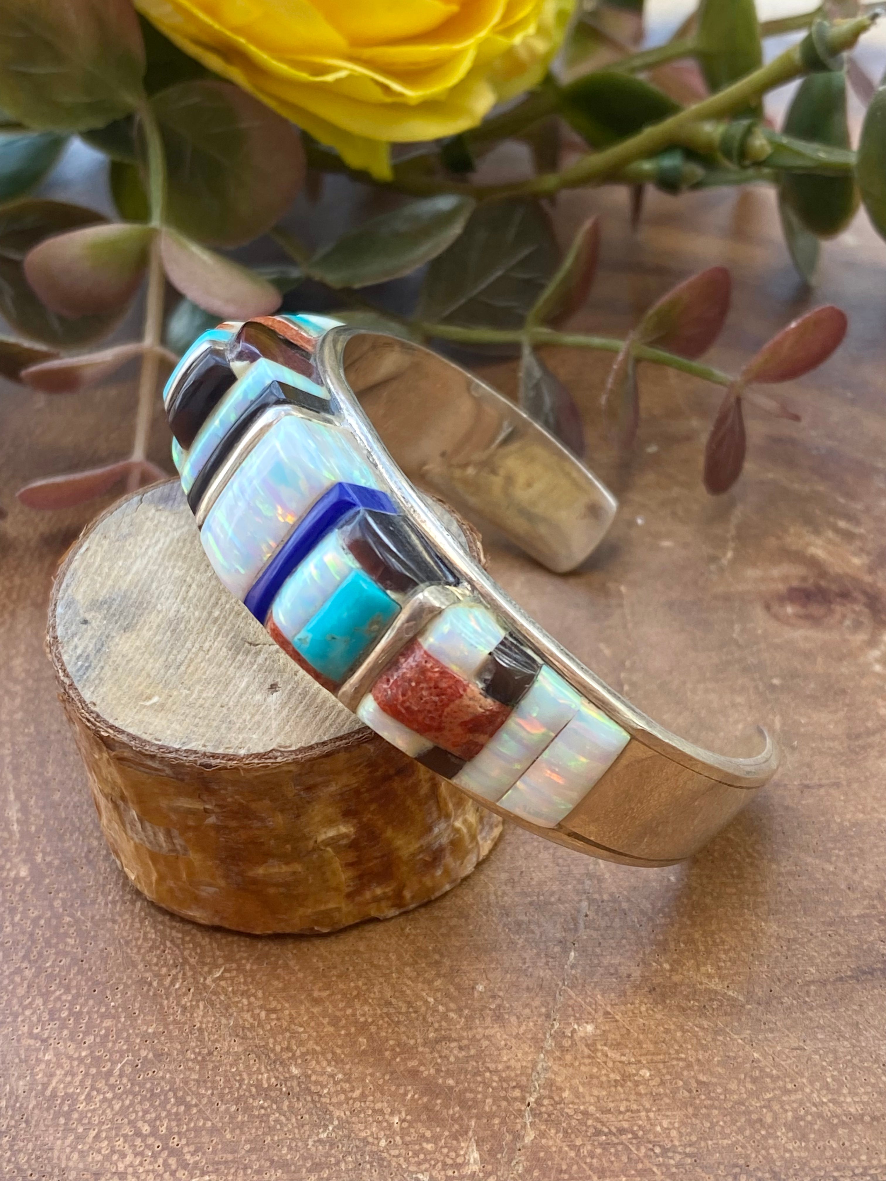 Vintage Navajo Made Multi Stone & Sterling Silver Cobblestone Cuff Bracelet