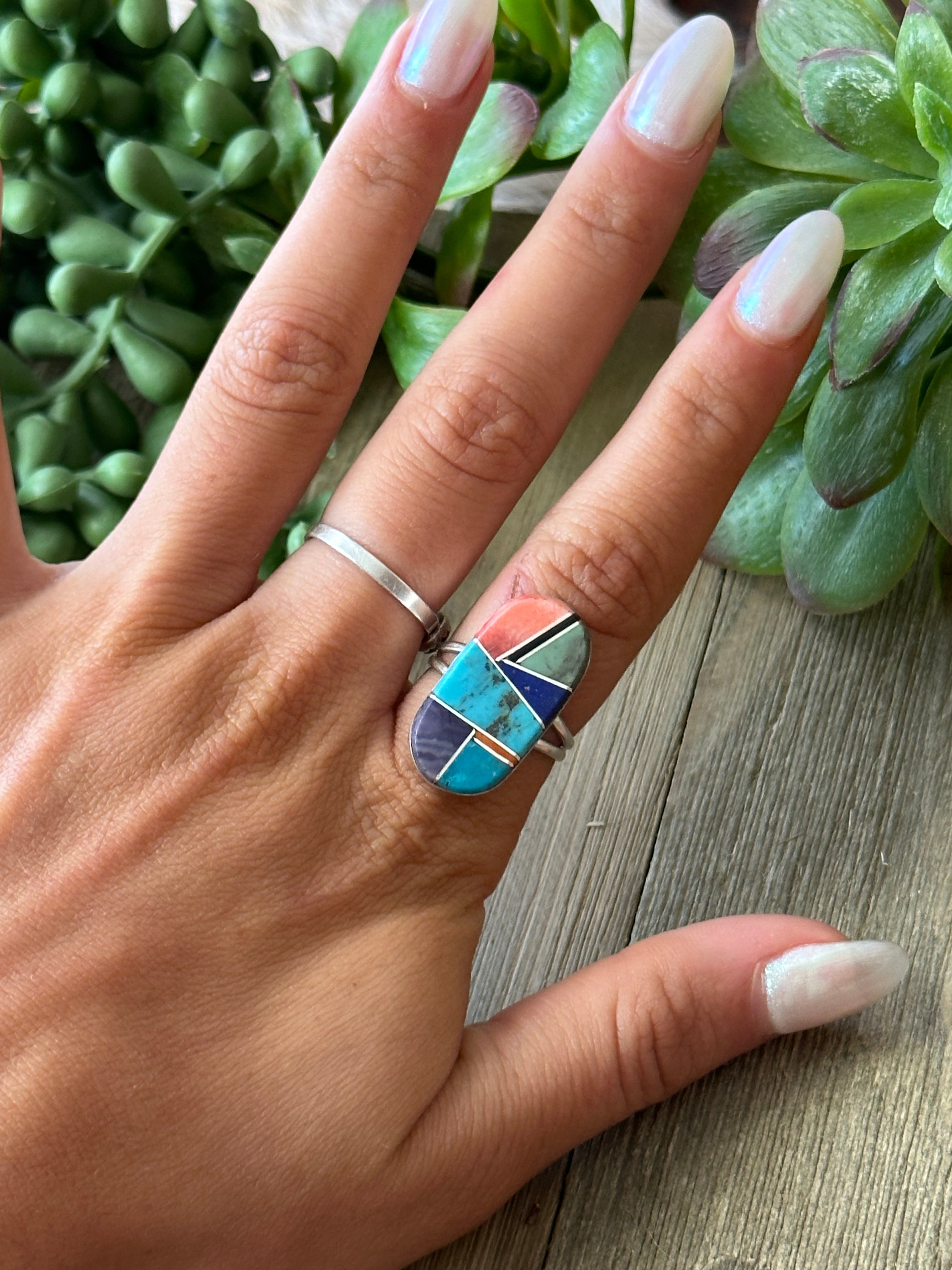 Navajo Made Multi Stone & Sterling Silver Inlay Ring Size 7