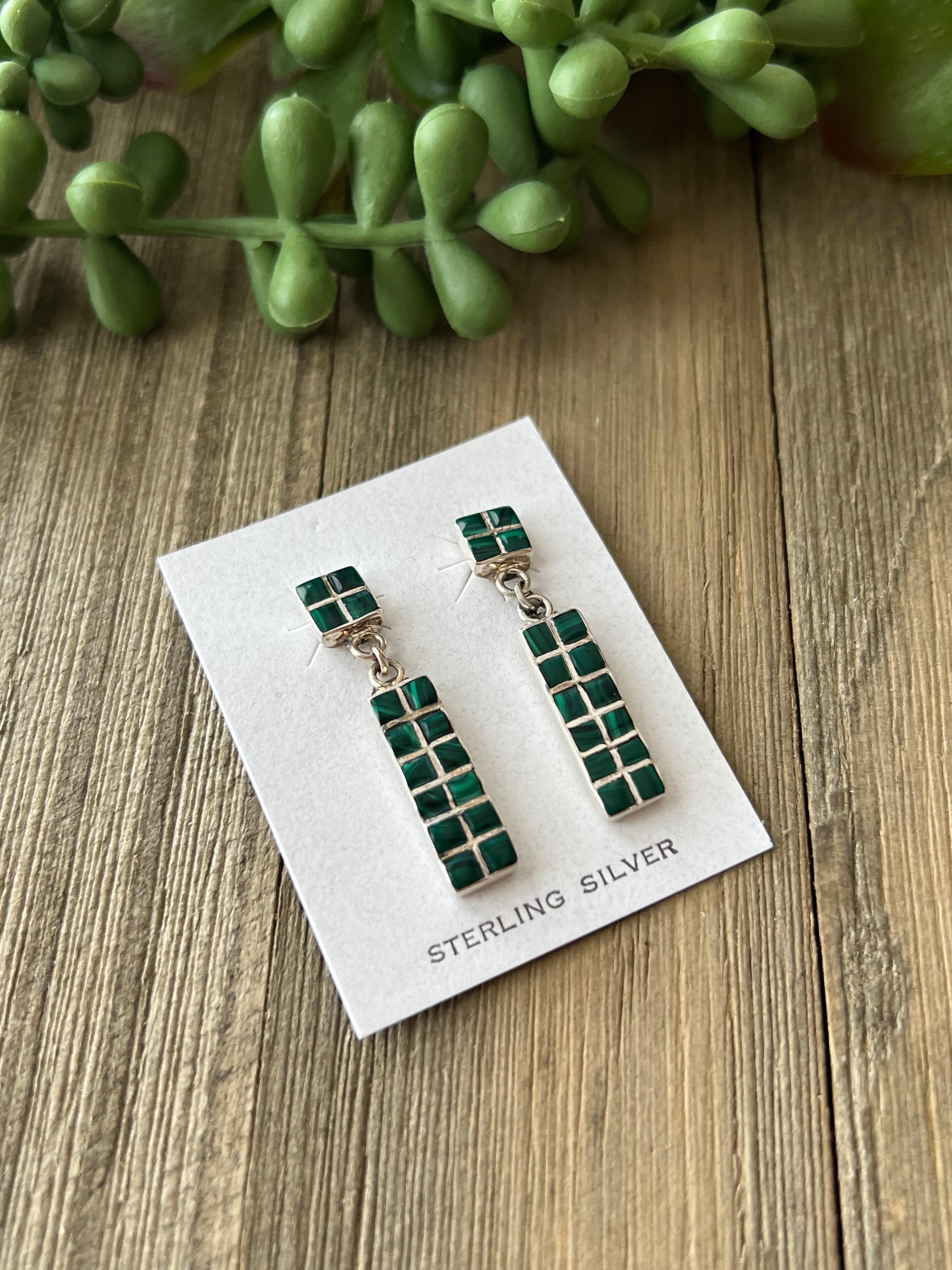 Navajo Made Malachite & Sterling Silver Post Dangle Inlay Earrings