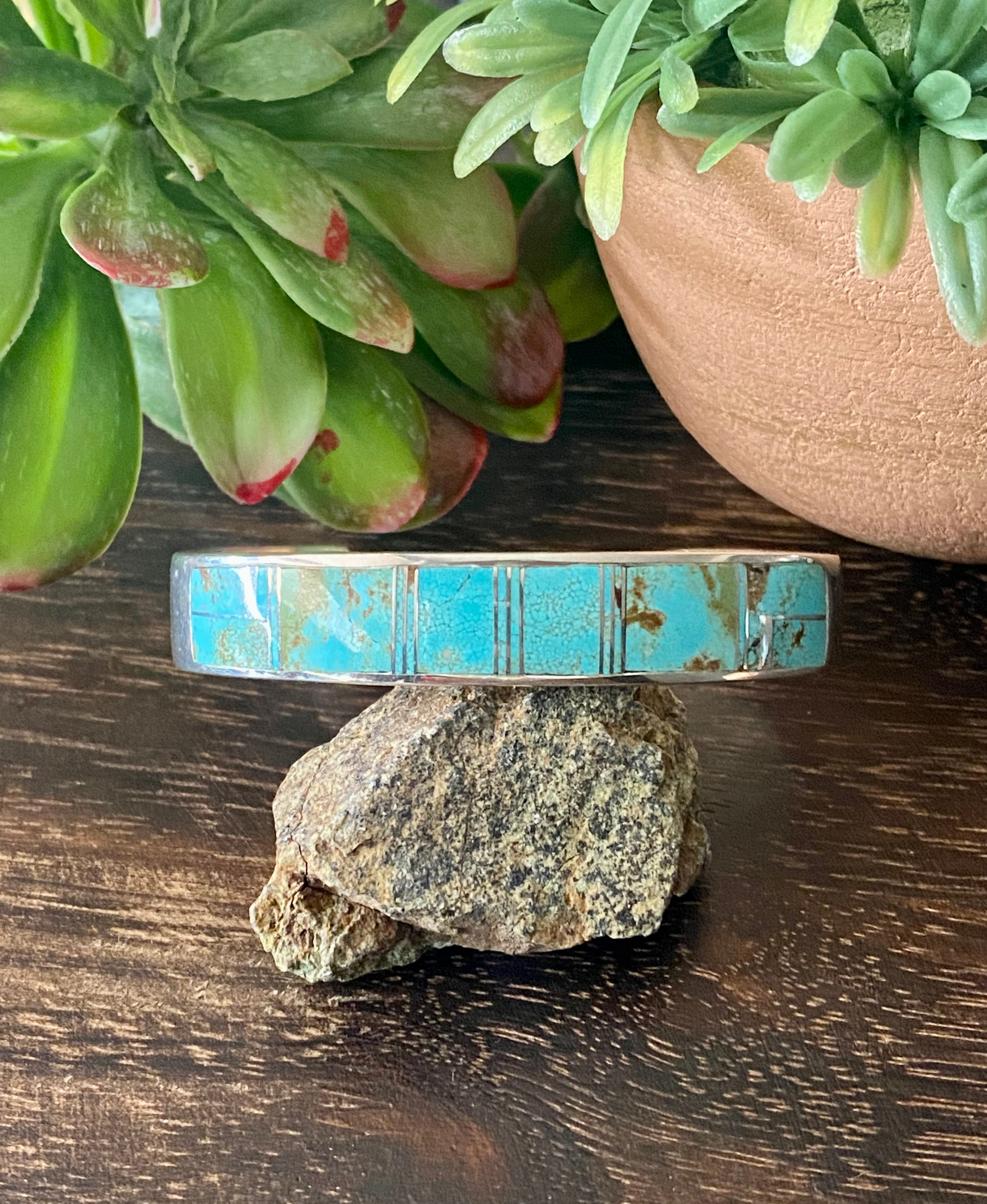 Navajo Made #8 Turquoise & Sterling Silver Inlay Cuff Bracelet