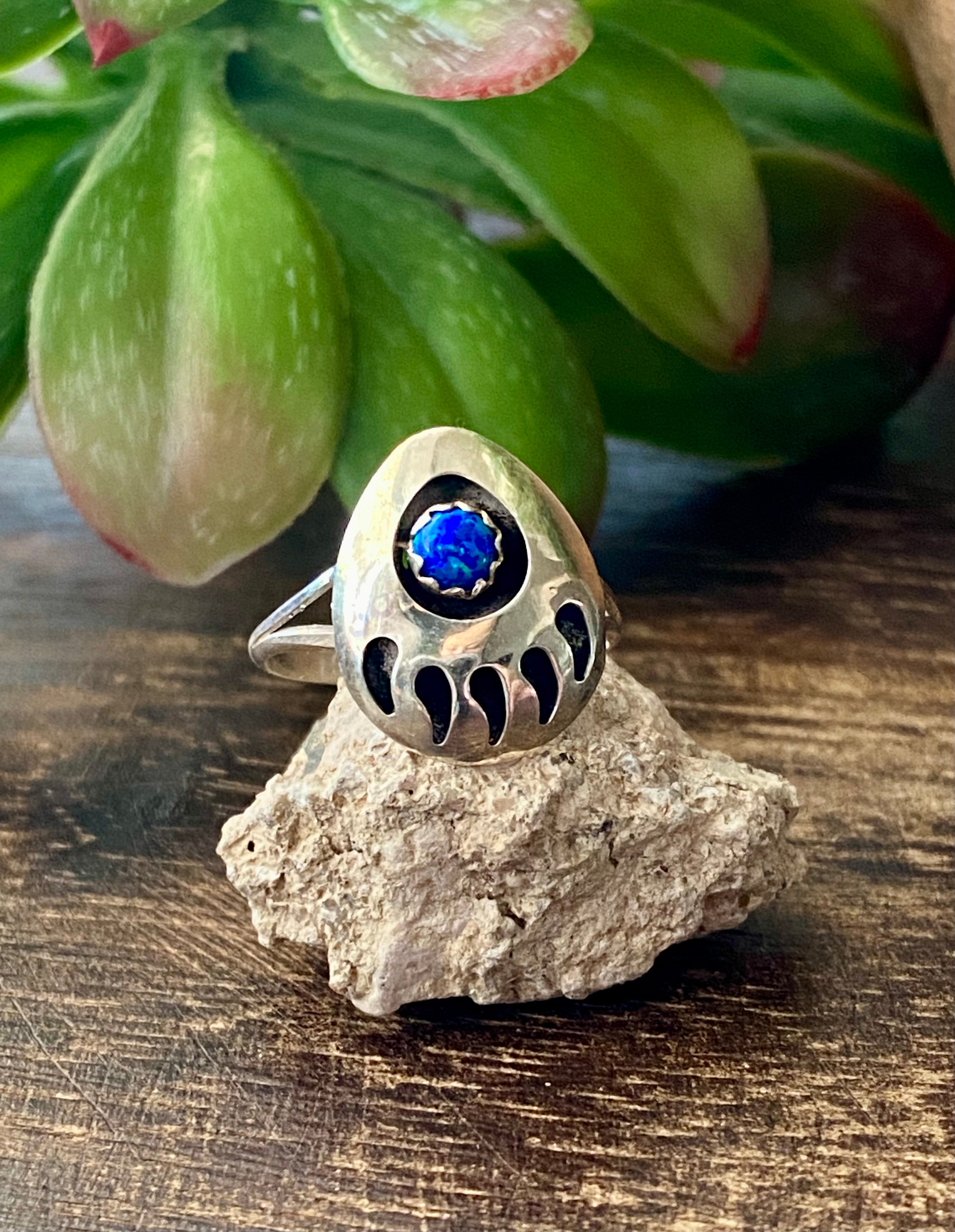 Navajo Made Blue Opal & Sterling Silver Bear Claw Ring Size 6.75