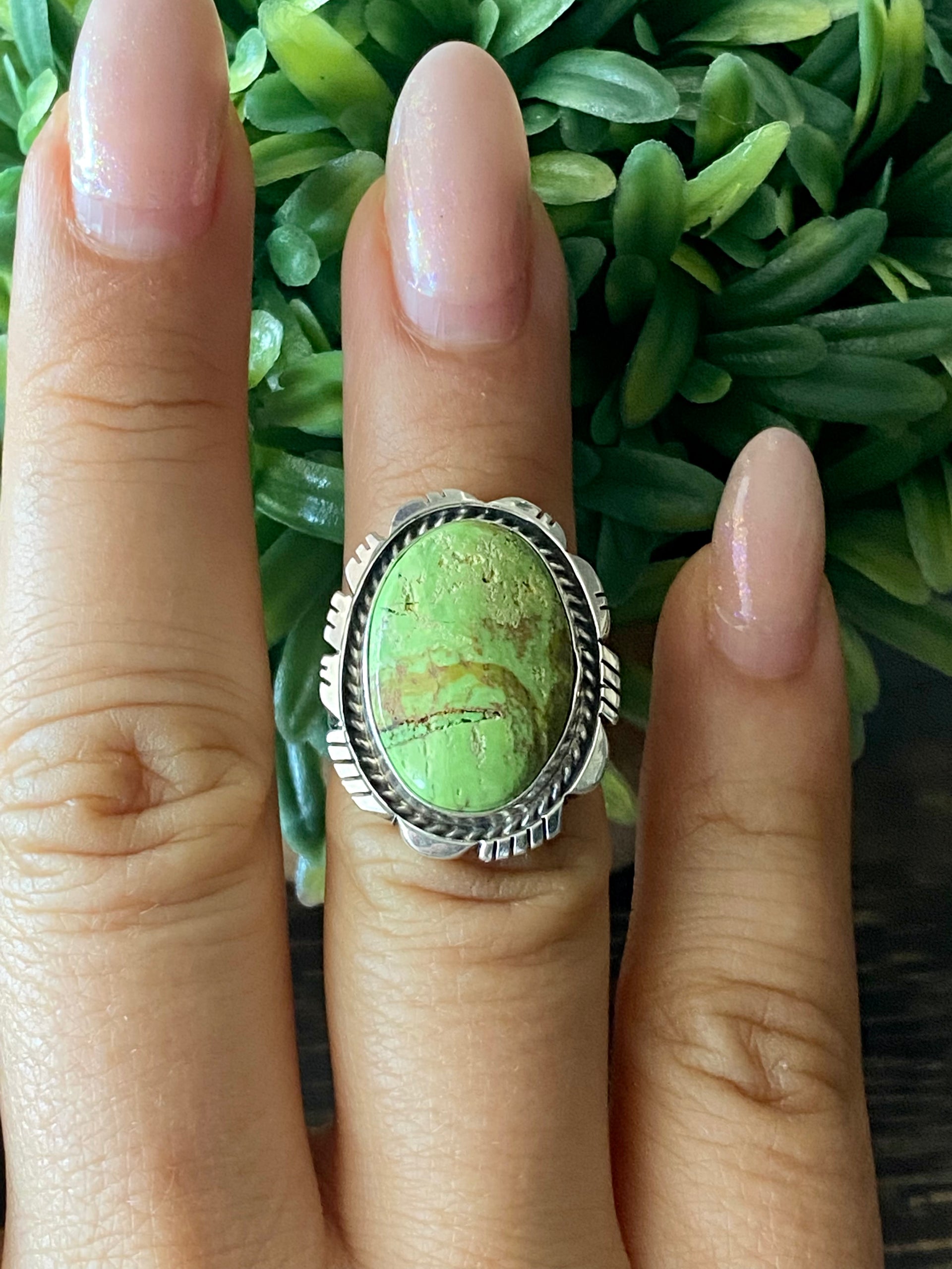 Navajo Made Australian Gaspeite & Sterling Silver Ring Size 6