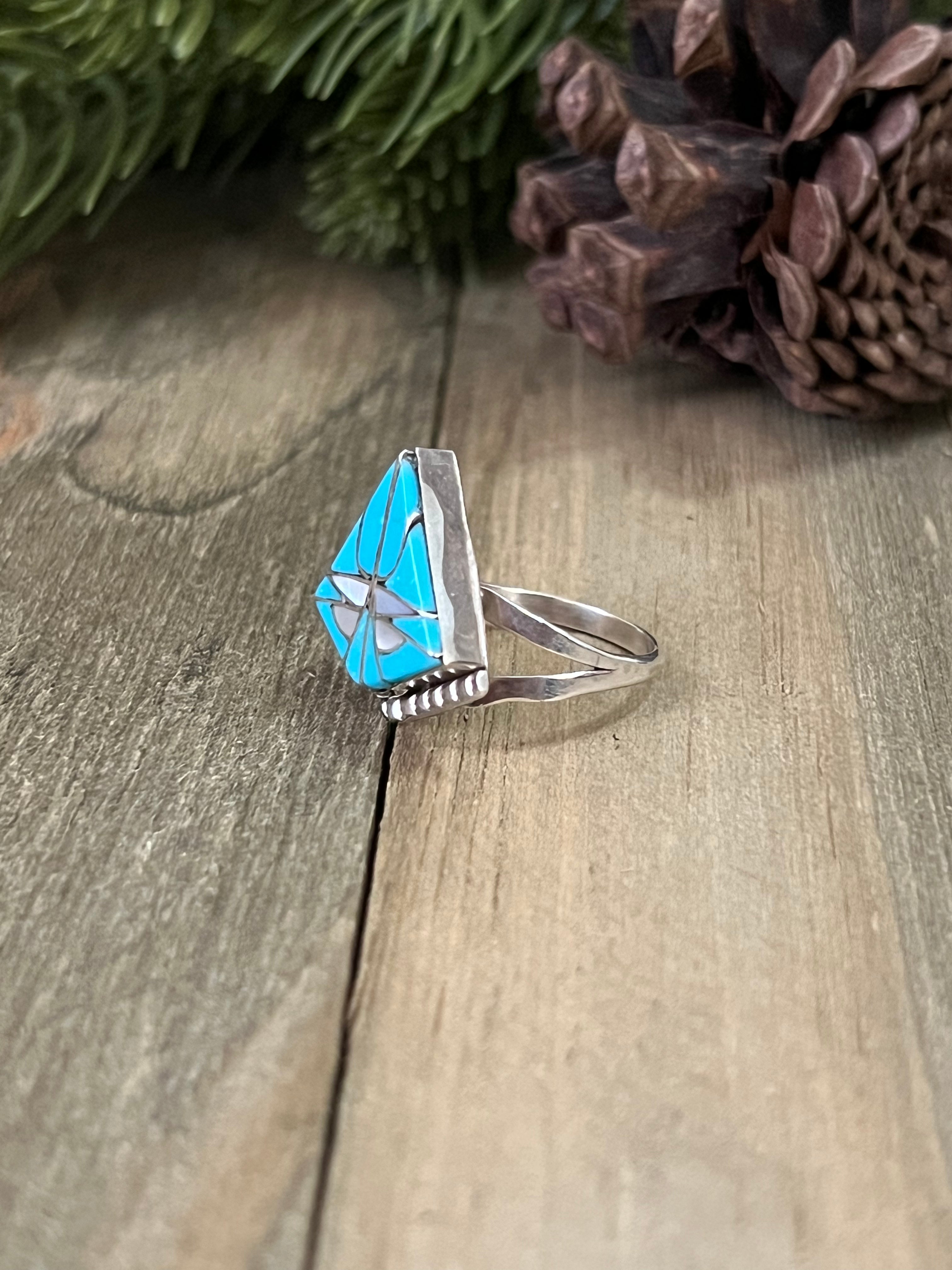 Zuni Made Multi Stone & Sterling Silver Inlay Ring