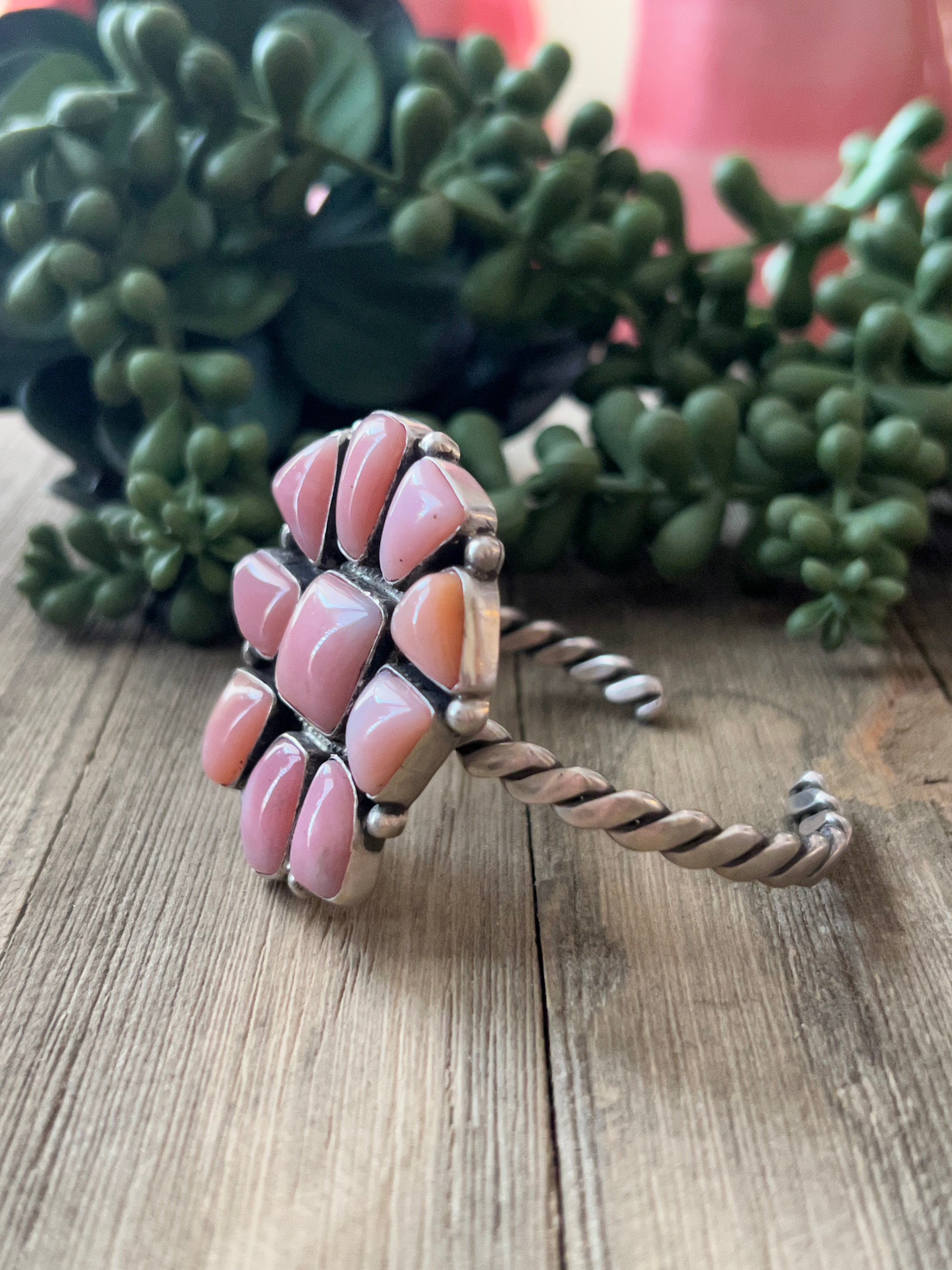Navajo Made Pink Conch & Sterling Silver Cuff Bracelet