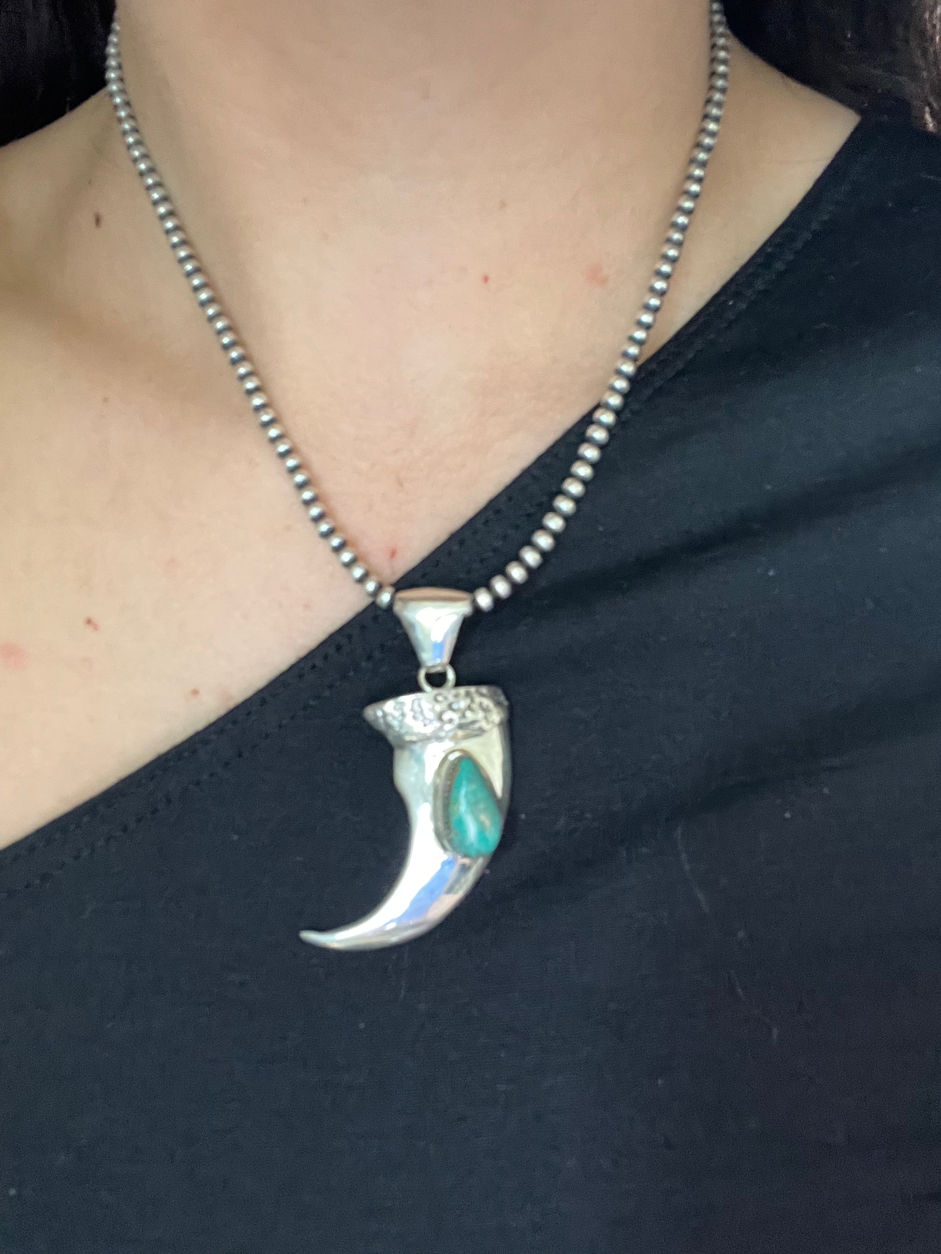 Navajo Made Kingman Turquoise & Sterling Silver Claw Pendant