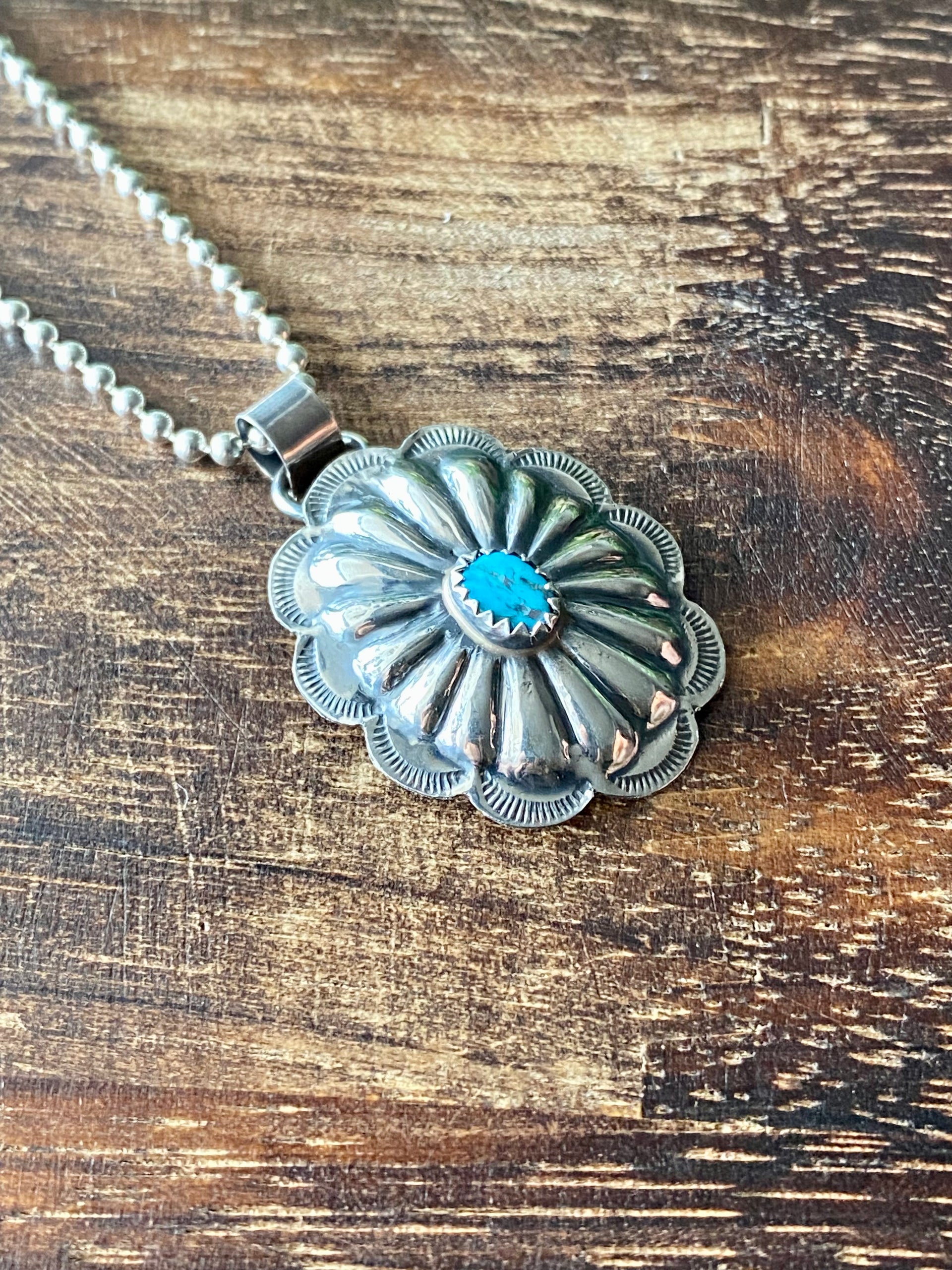 Navajo Made Kingman Turquoise & Sterling Silver Concho Pendant