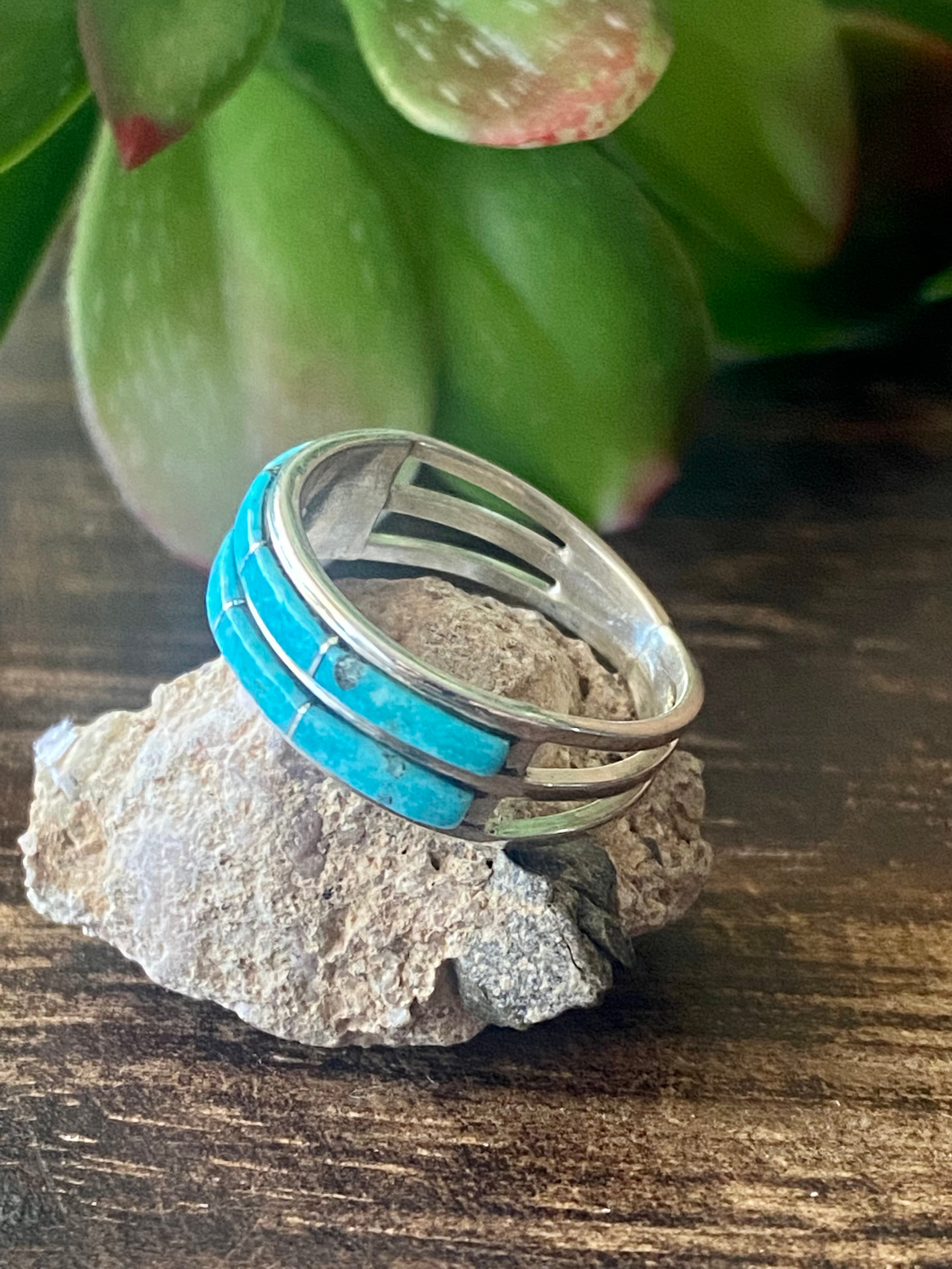 Navajo Made Kingman Turquoise & Sterling Silver Inlay Ring