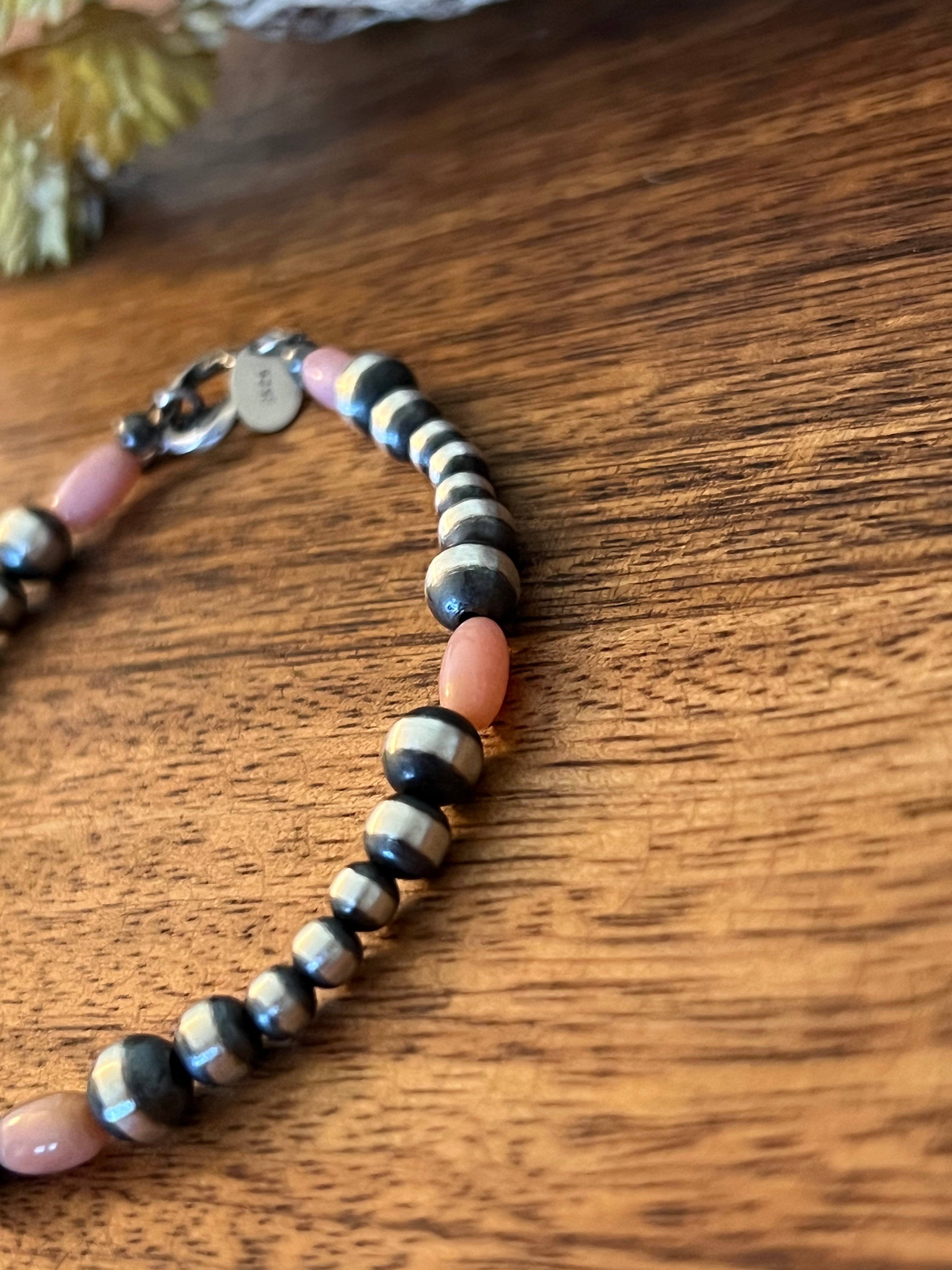 Navajo Strung Pink Coral & Sterling Silver Graduated Pearl Bracelet